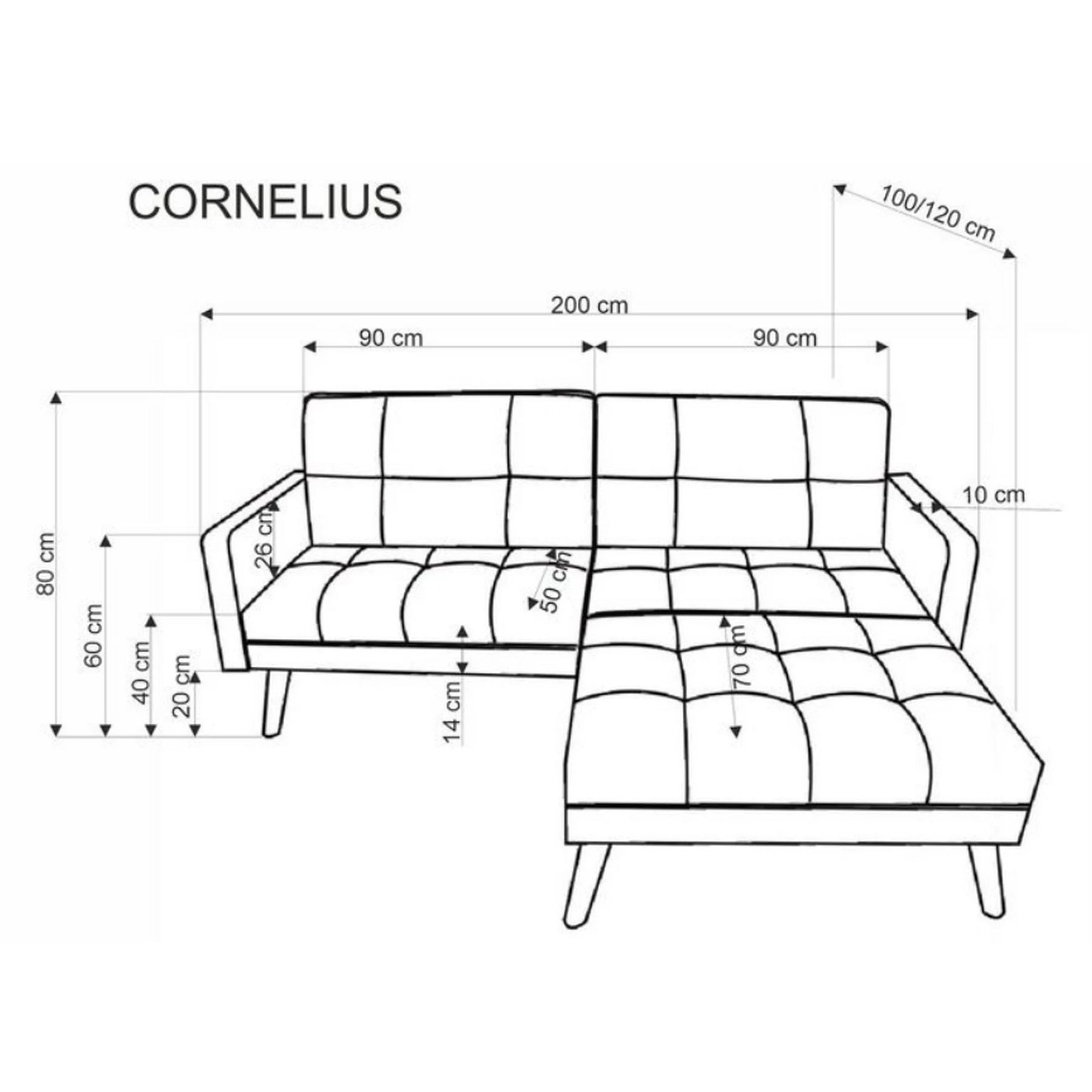 Canapea extensibila CORNELIUS, gri/negru, stofa clasica/lemn, cu taburet, 200x153/167x80 cm