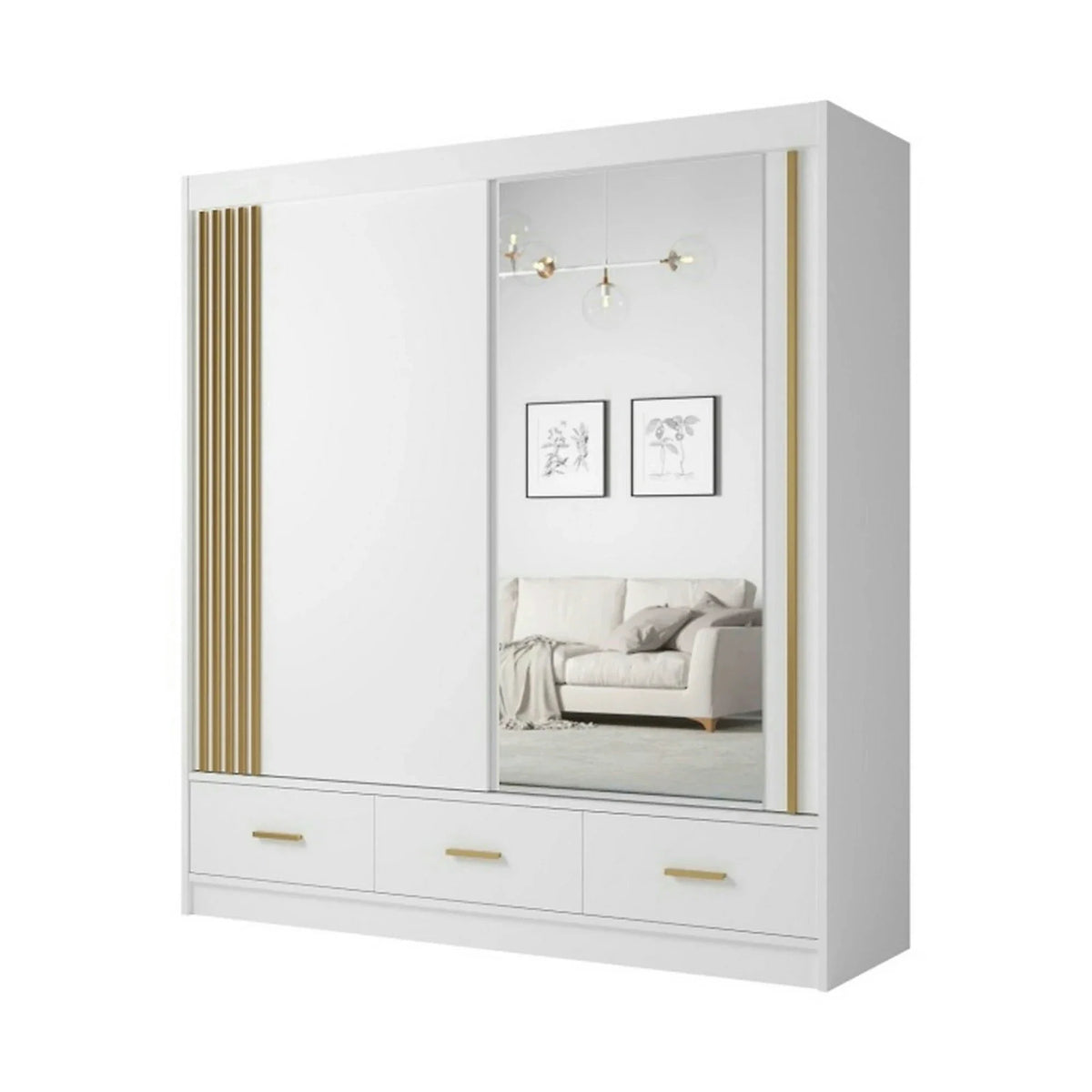 Dulap CANADA CA25-200, alb/auriu, PAL, cu 2 usi si 3 sertare, 200x60x215 cm