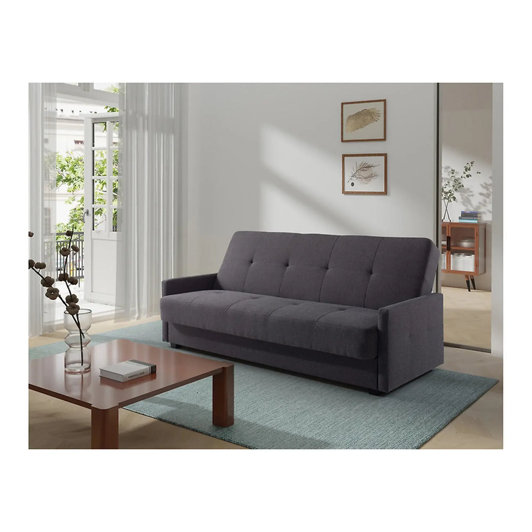 Canapea extensibila MARO, stofa clasica gri inchis - Mossa 99, cu lada depozitare, 207x95x95 cm