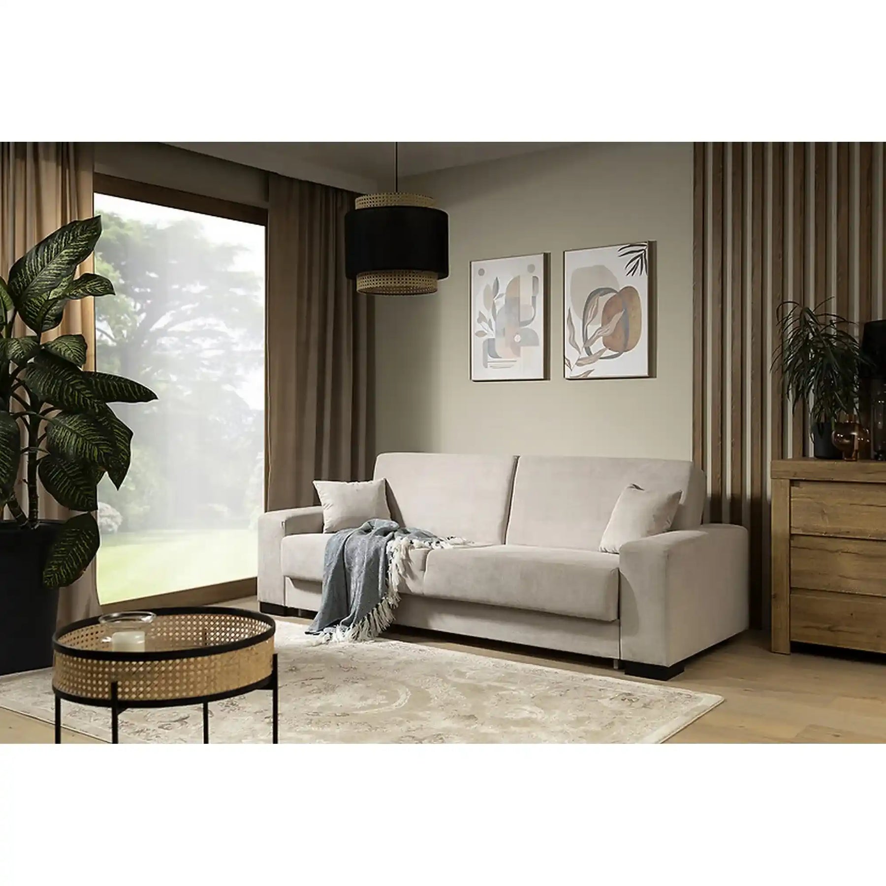 Canapea extensibila RUBIO, stofa catifelata bej - Matrix 2, cu lada depozitare, 232x95x81 cm