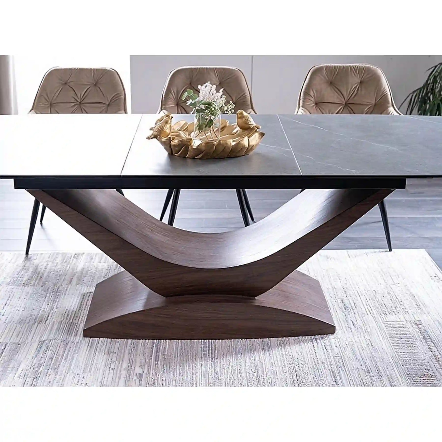 Masa extensibila DOLCE, sticla/ceramica, gri mat/nuc, 180-240x95x76 cm