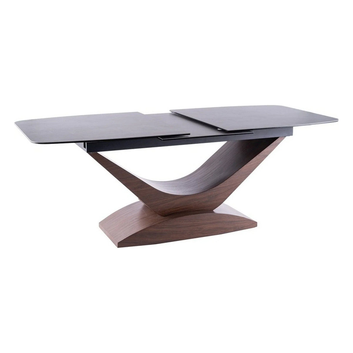 Masa extensibila DOLCE, sticla/ceramica, gri mat/nuc, 180-240x95x76 cm