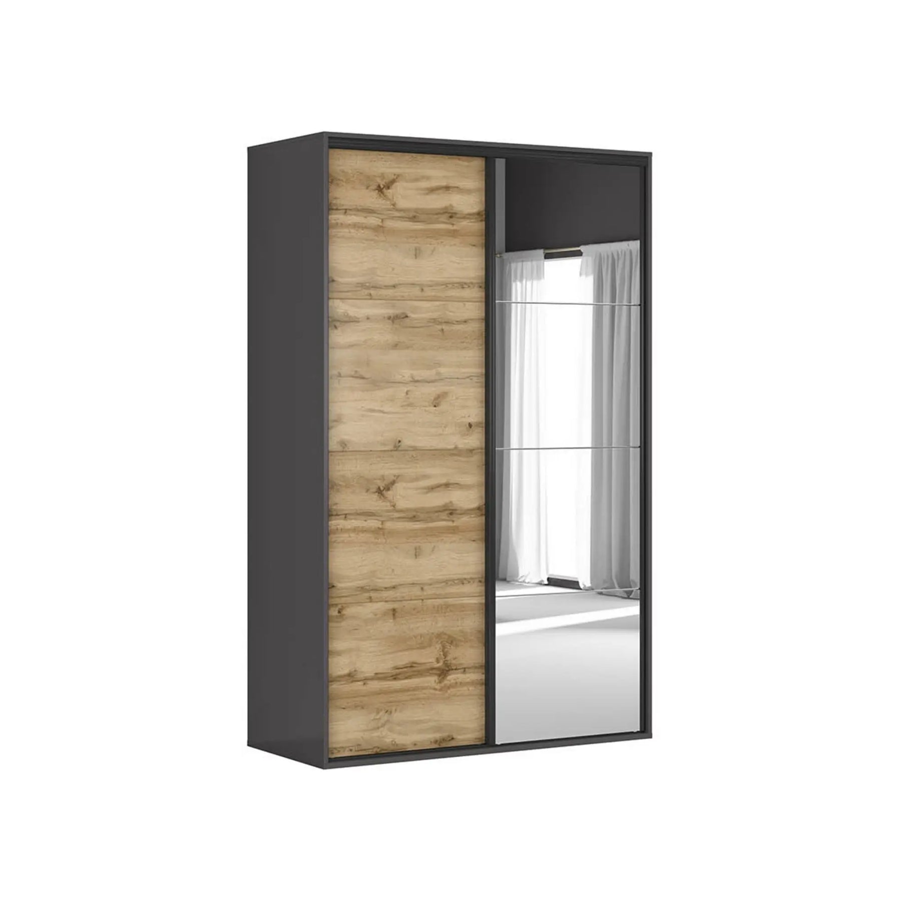 Dulap FLEX, gri grafit/stejar wotan, PAL, cu 2 usi si oglinda, 150x66x240 cm