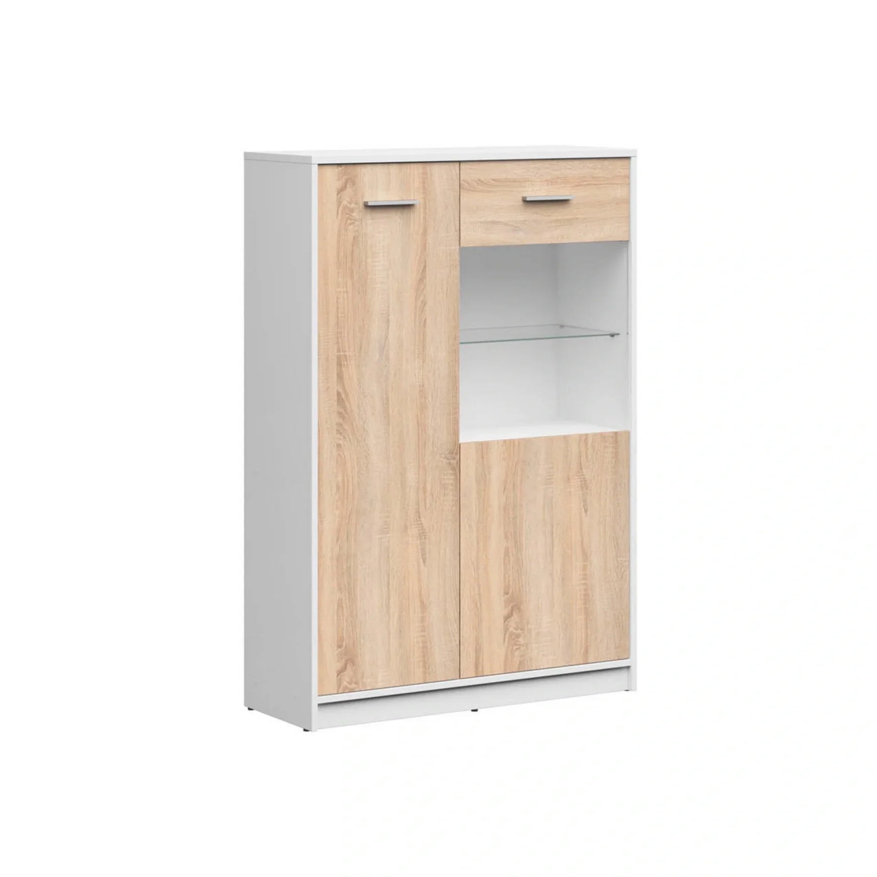 Vitrina NEPO PLUS, stejar sonoma/alb, PAL laminat/sticla, 90x34x132 cm