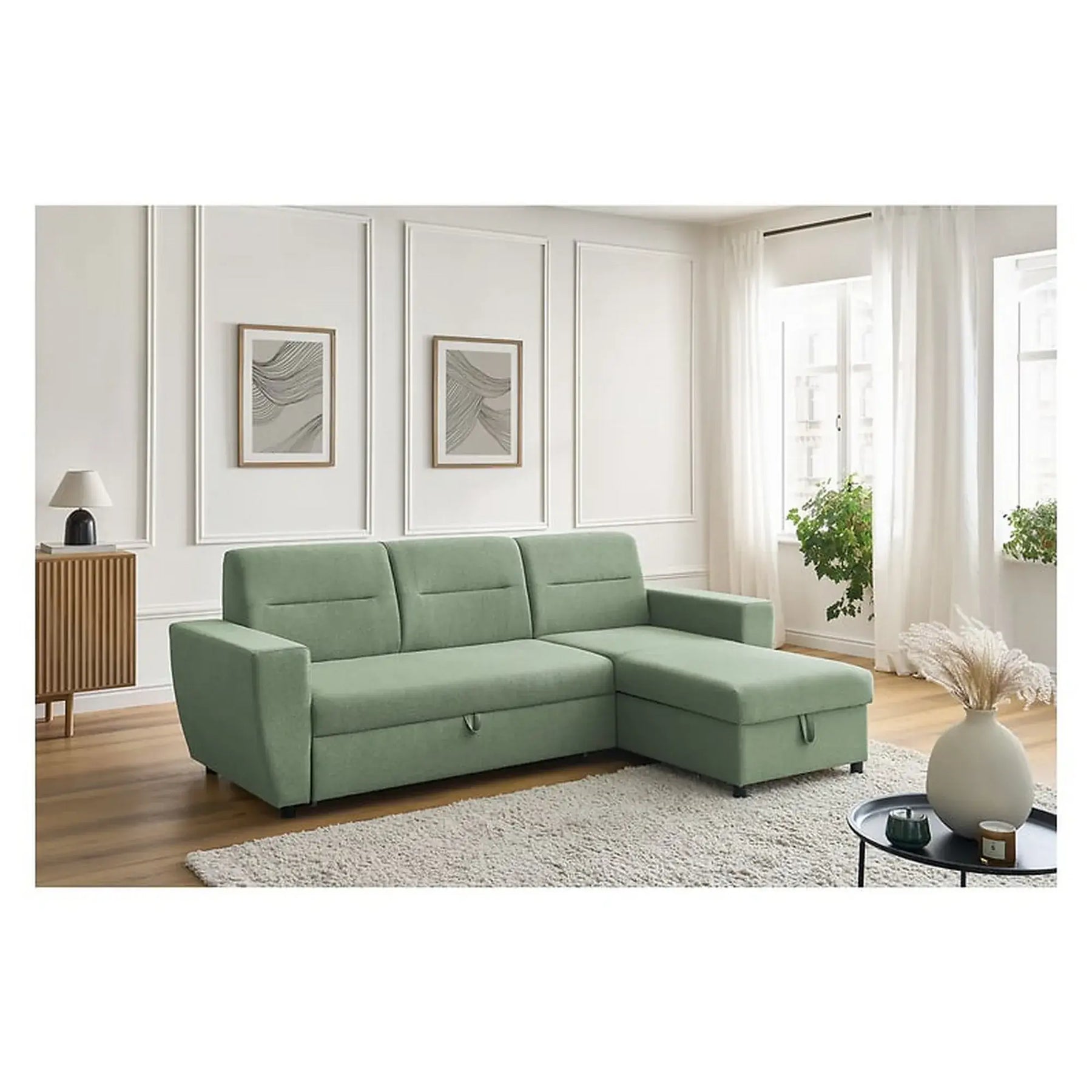 Coltar extensibil KIERTEN, universal, stofa clasica verde - Opium 34, cu lada depozitare, 248x162x84 cm