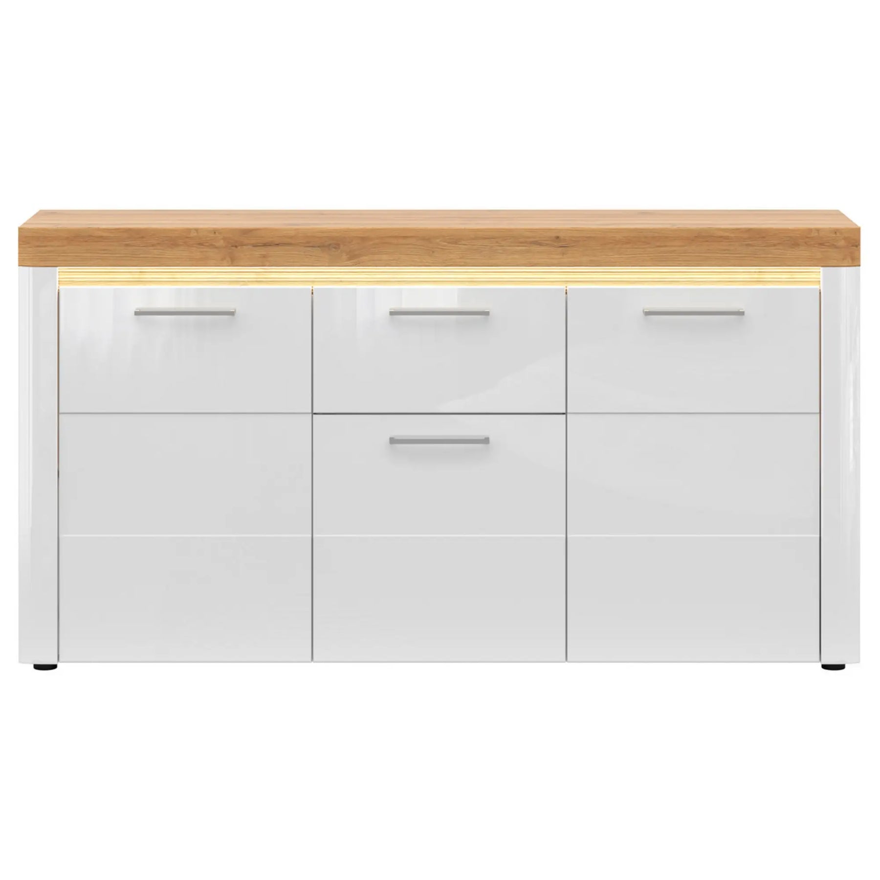 Comoda HORTON, alb/stejar grandson, PAL laminat, cu 3 usi si un sertar, 170x42x90 cm