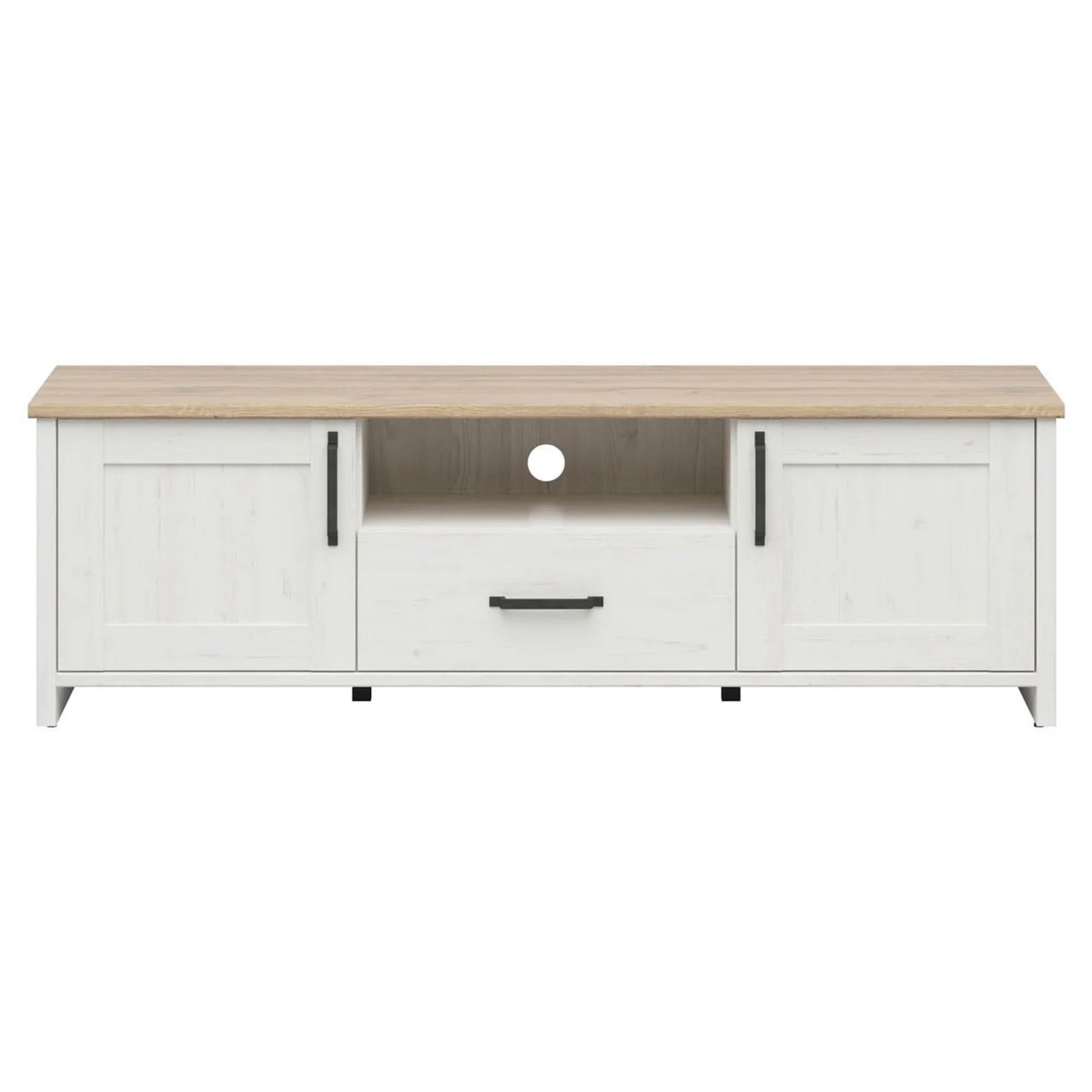Comoda TV LOKSA, alb/stejar, PAL laminat, 160x44x51 cm
