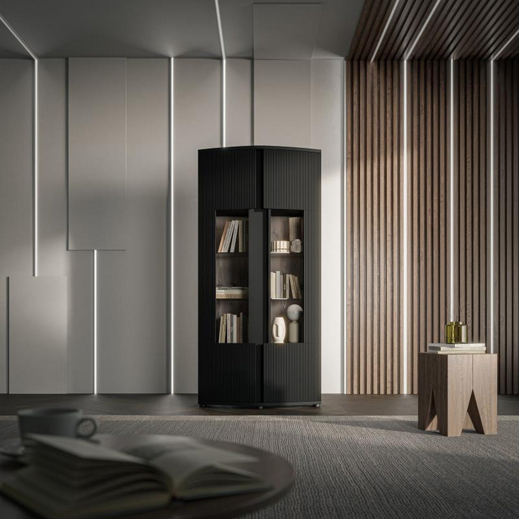 Vitrina MICHELLE, negru/stejar, PAL/sticla, 86x47x180 cm