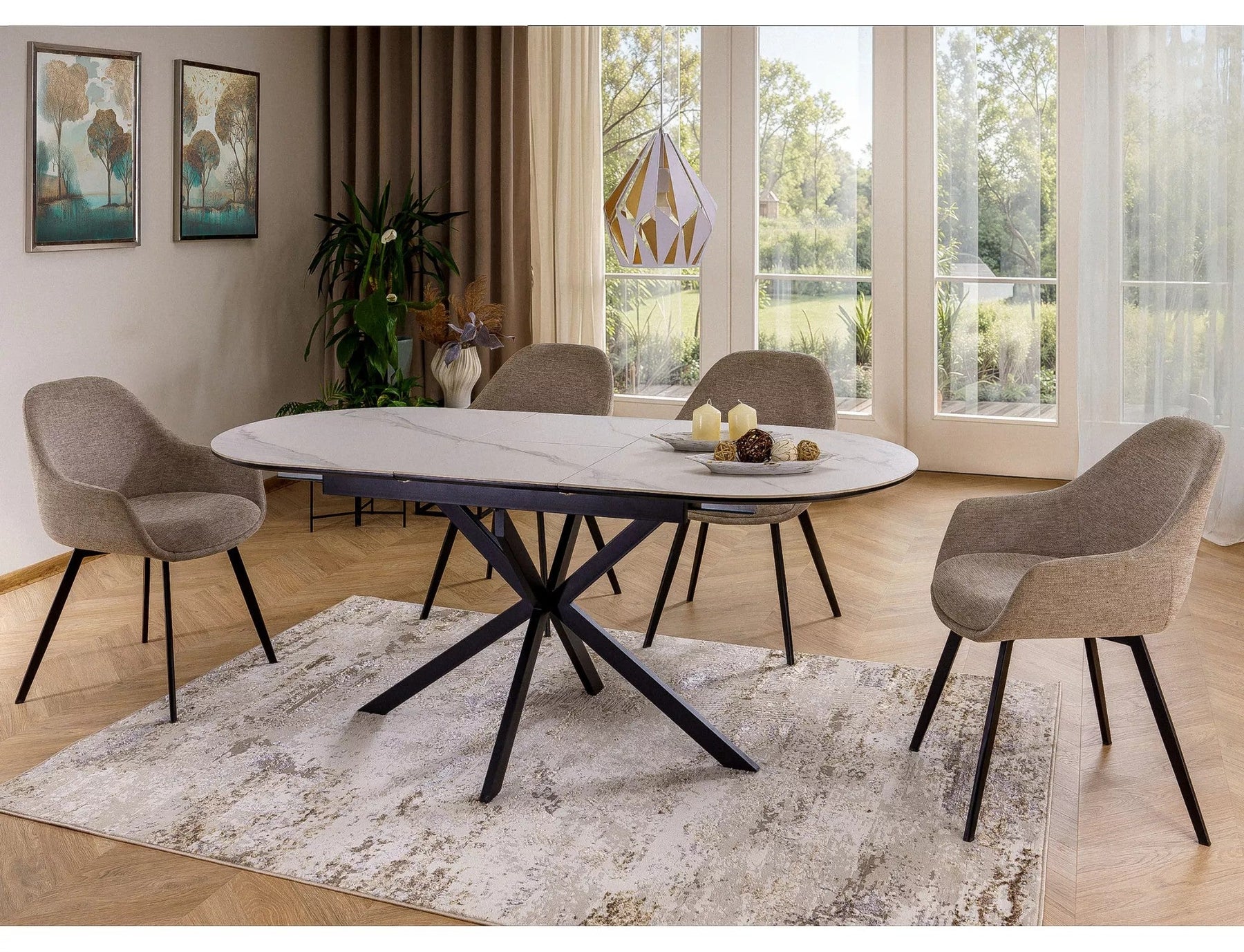 Masa extensibila GASTON, alb mat cu efect de marmura, ceramica/metal, 140/180x80x76 cm