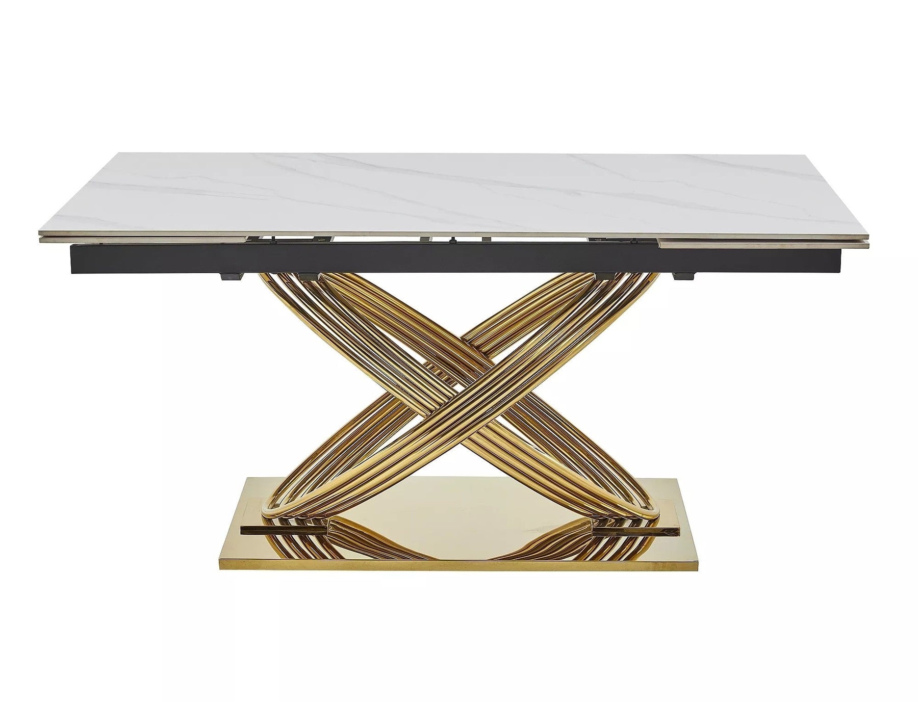 Masa extensibila HERMES II, alb cu efect de marmura/auriu, ceramica/metal, 160/240x90x75 cm