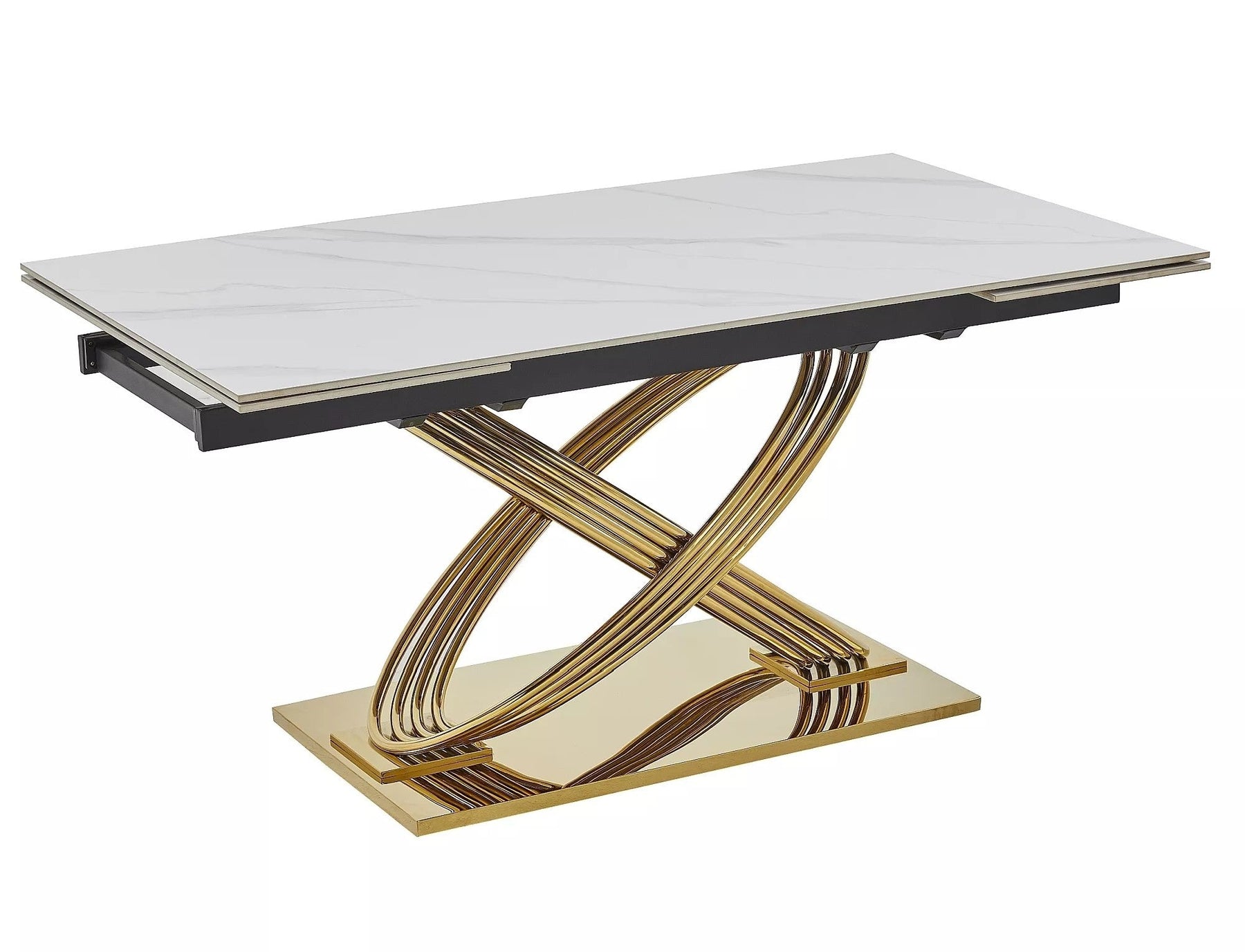 Masa extensibila HERMES II, alb cu efect de marmura/auriu, ceramica/metal, 160/240x90x75 cm