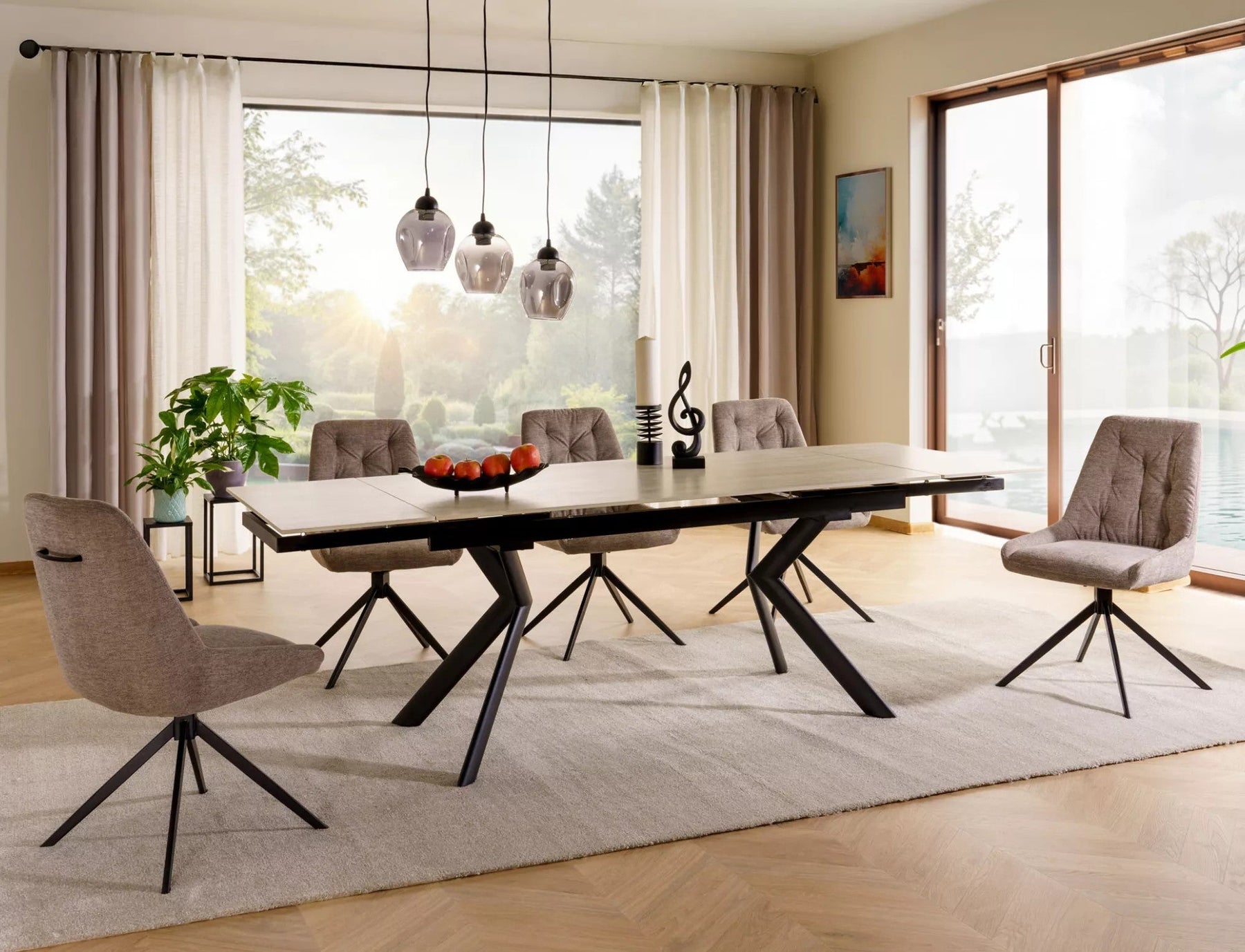 Masa extensibila NORTON, piatra travertin/negru, ceramica/metal, 160/240x90x75 cm