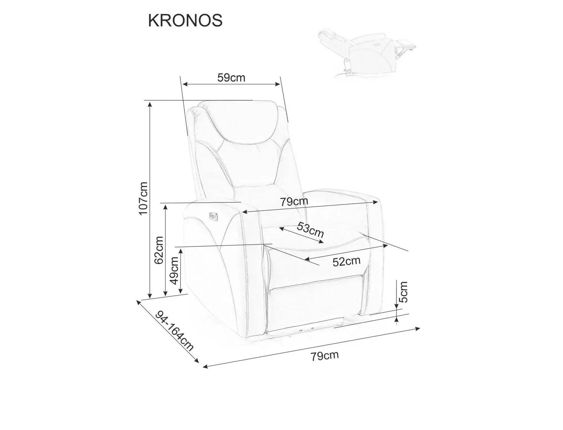 Fotoliu recliner KRONOS, stofa catifelata gri - Bluvel 14, 79x94/160x107 cm