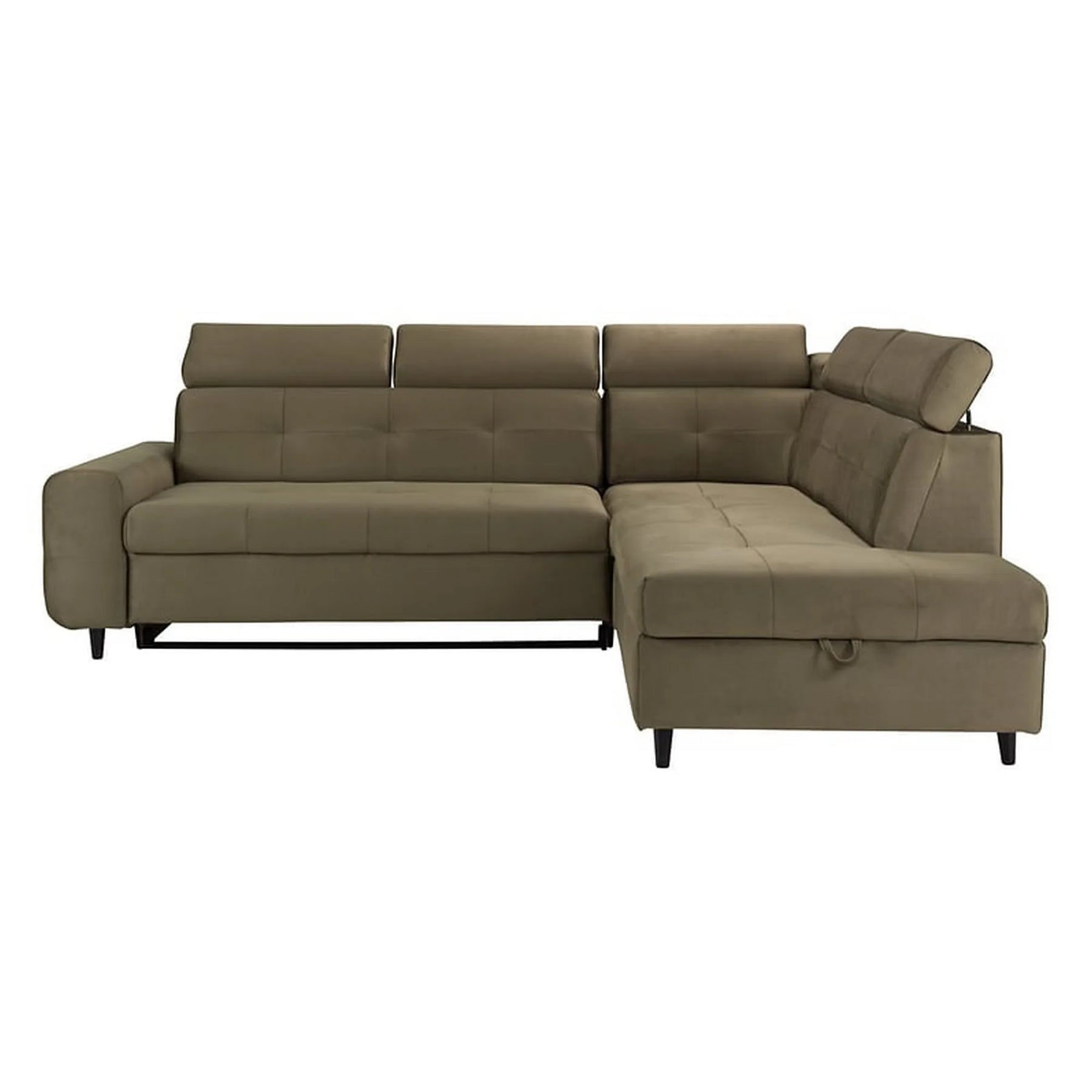 Coltar extensibil MATRAS, sezlong dreapta, stofa catifelata verde olive - Letto 38, cu lada depozitare, 263x205x98 cm