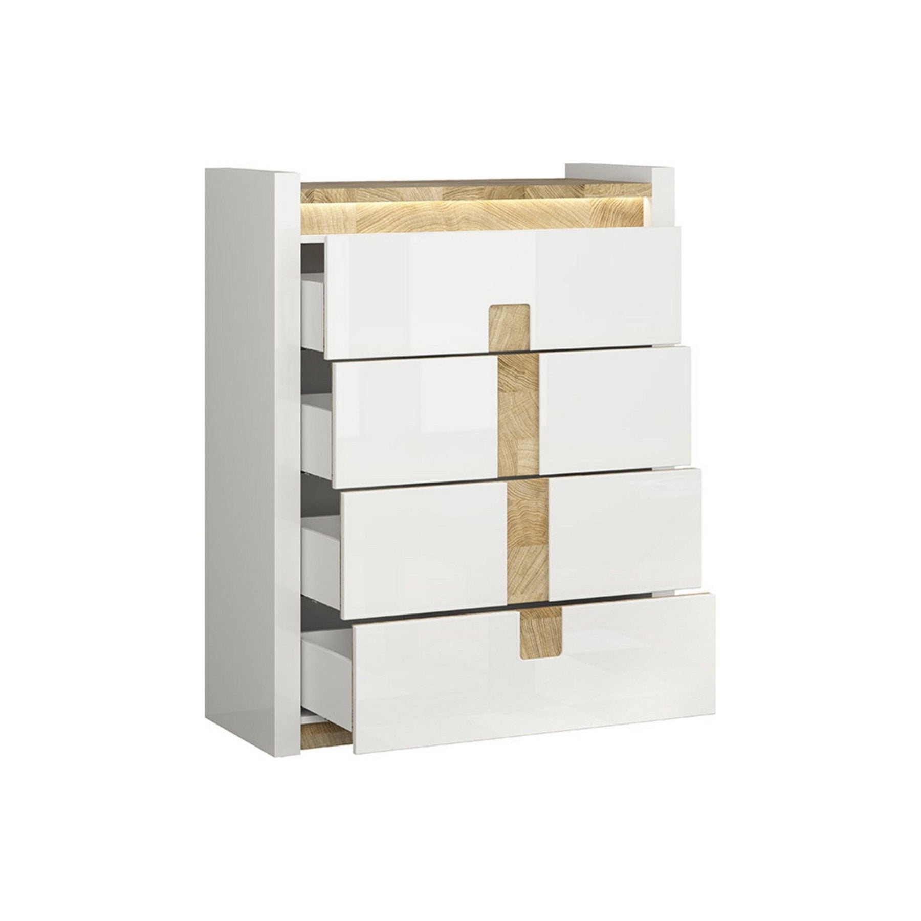Comoda Alameda, alb/stejar, PAL, cu iluminare LED, 97x41.5x123 cm