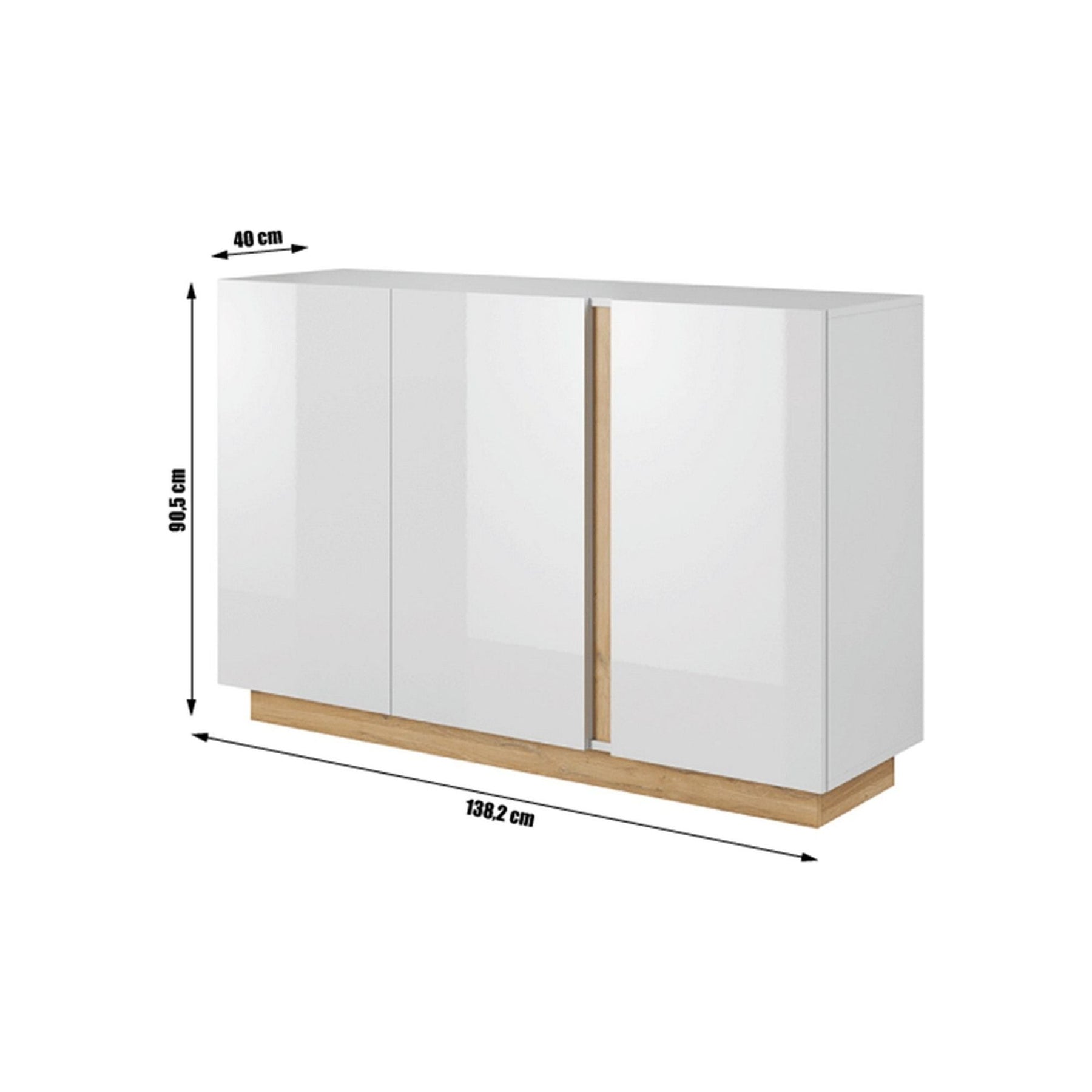 Comoda CITY, PAL melaminat, alb/stejar grandson/alb lucios, 138,2x90,5x40 cm, 3 usi