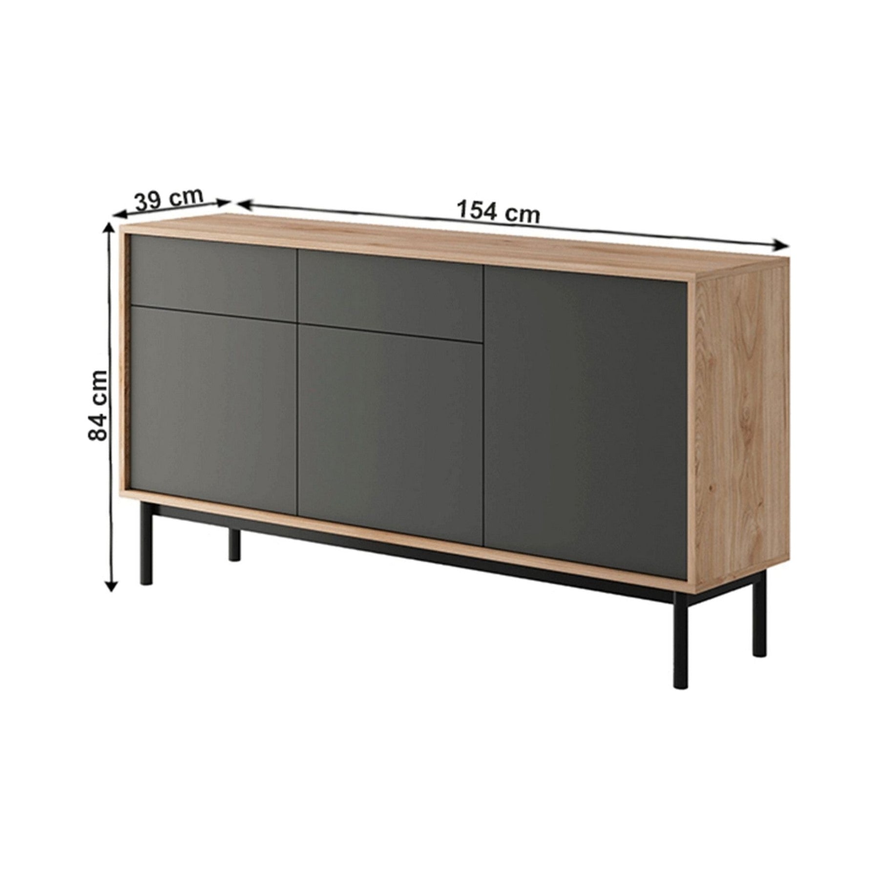 Comoda BERGEN BK154, stejar jackson hickory/grafit, PAL, cu 3 usi si 2 sertare, 154x38x84 cm