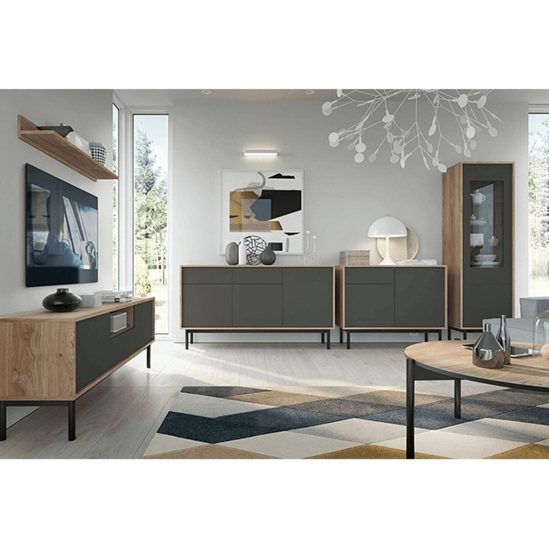Comoda BERGEN BK154, stejar jackson hickory/grafit, PAL, cu 3 usi si 2 sertare, 154x38x84 cm