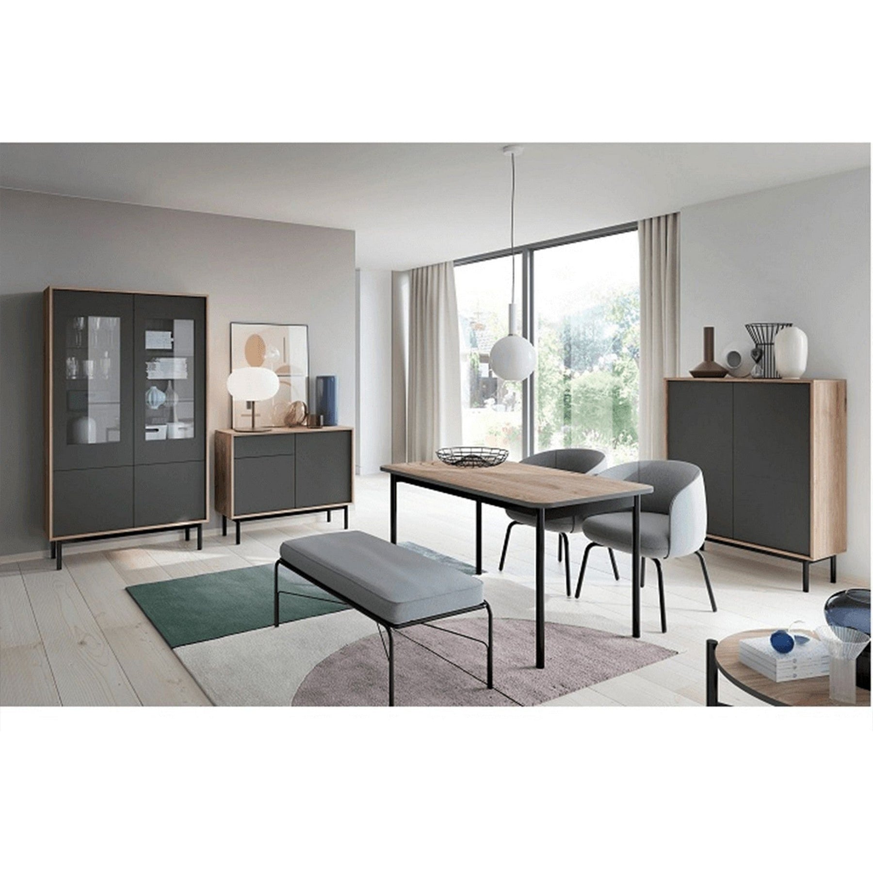 Comoda BERGEN BK154, stejar jackson hickory/grafit, PAL, cu 3 usi si 2 sertare, 154x38x84 cm