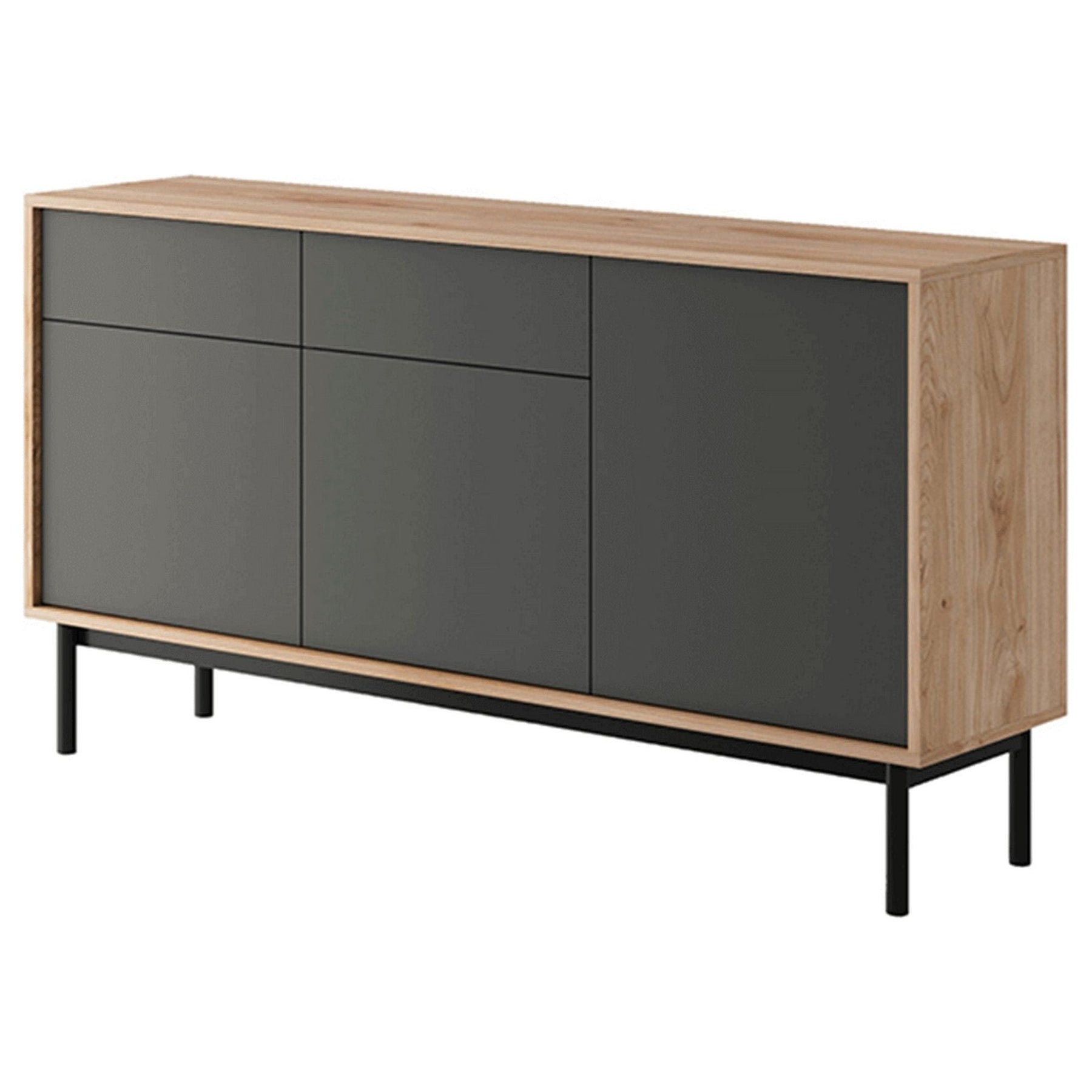 Comoda BERGEN BK154, stejar jackson hickory/grafit, PAL, cu 3 usi si 2 sertare, 154x38x84 cm
