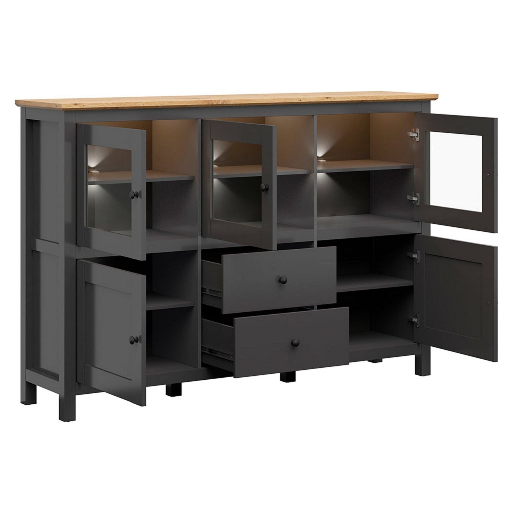 Comoda HESEN, gri grafit/stejar artizanal, PAL, cu iluminare LED, 186x44x126 cm