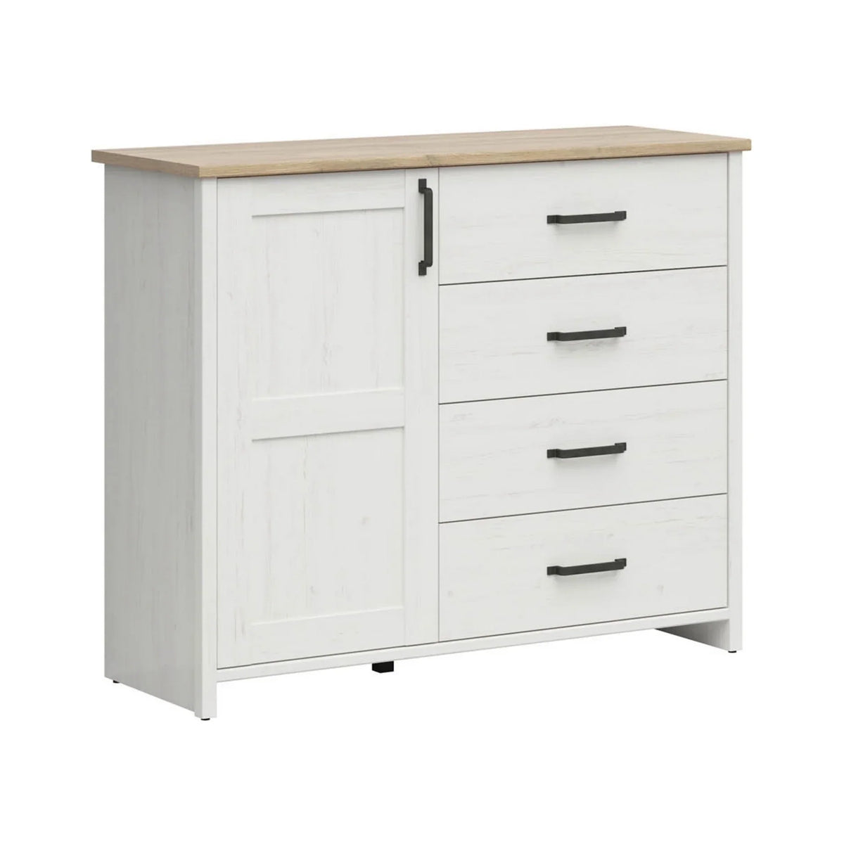 Comoda LOKSA, pin alb/stejar gandson, PAL laminat, 120x43x99 cm