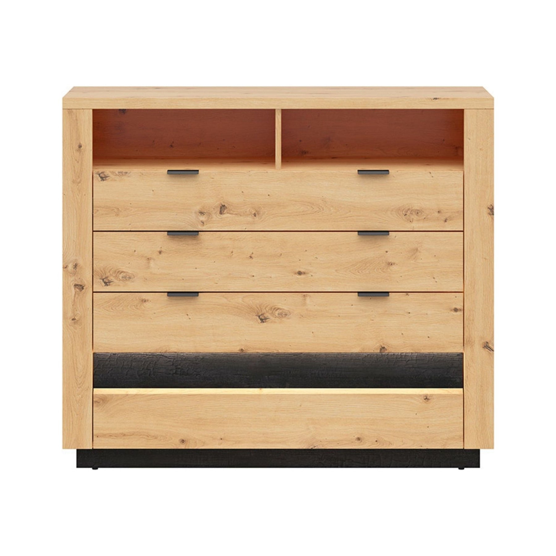Comoda OSTIA, stejar artizanal/negru, PAL, cu iluminare LED, 116.5x42x101 cm
