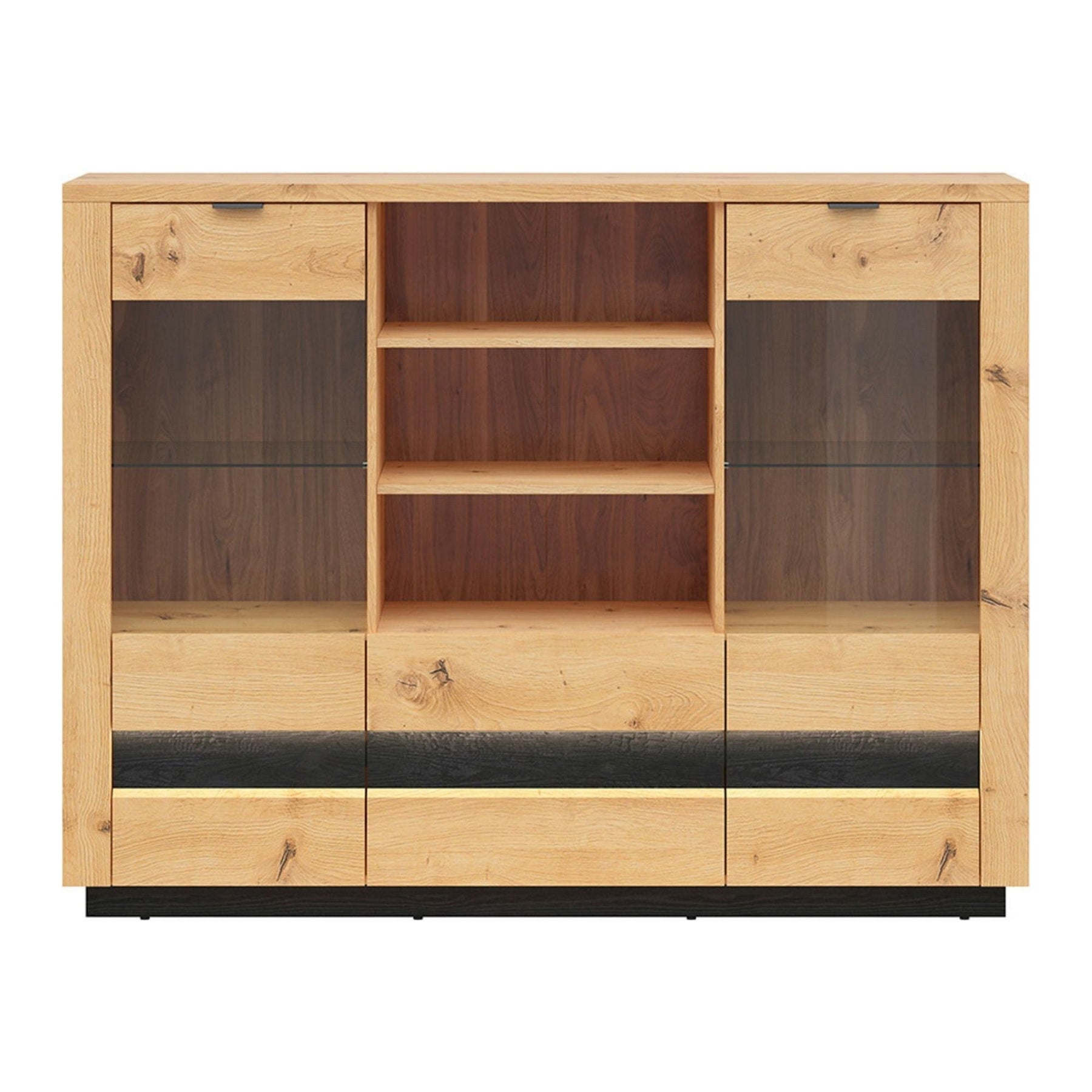 Vitrina OSTIA, stejar artizanal/negru, PAL, cu iluminare LED, 161x42x123.5 cm