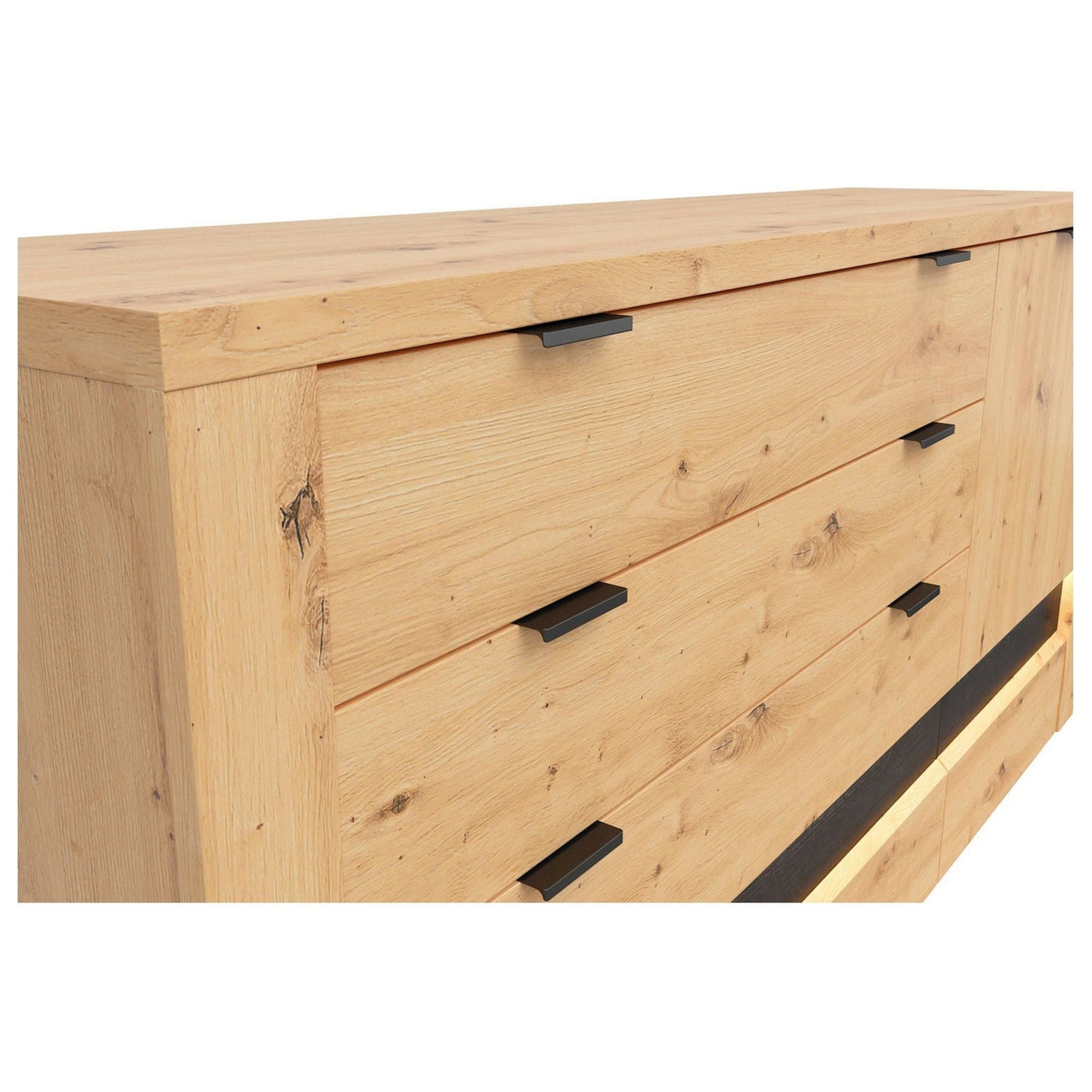 Comoda OSTIA, stejar artizanal/negru, PAL, cu iluminare LED, 161x42x85 cm