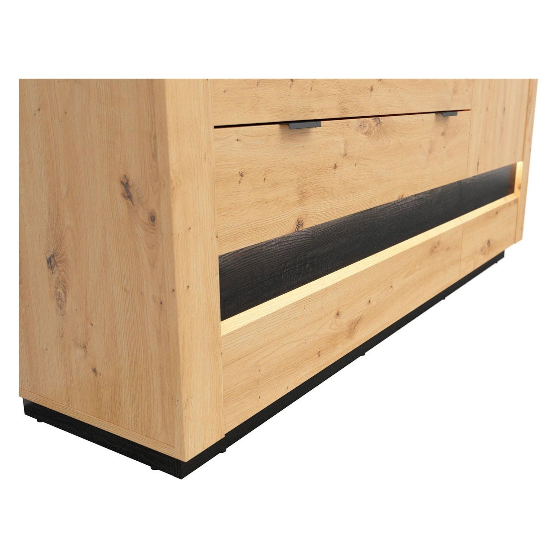 Comoda OSTIA, stejar artizanal/negru, PAL, cu iluminare LED, 161x42x85 cm