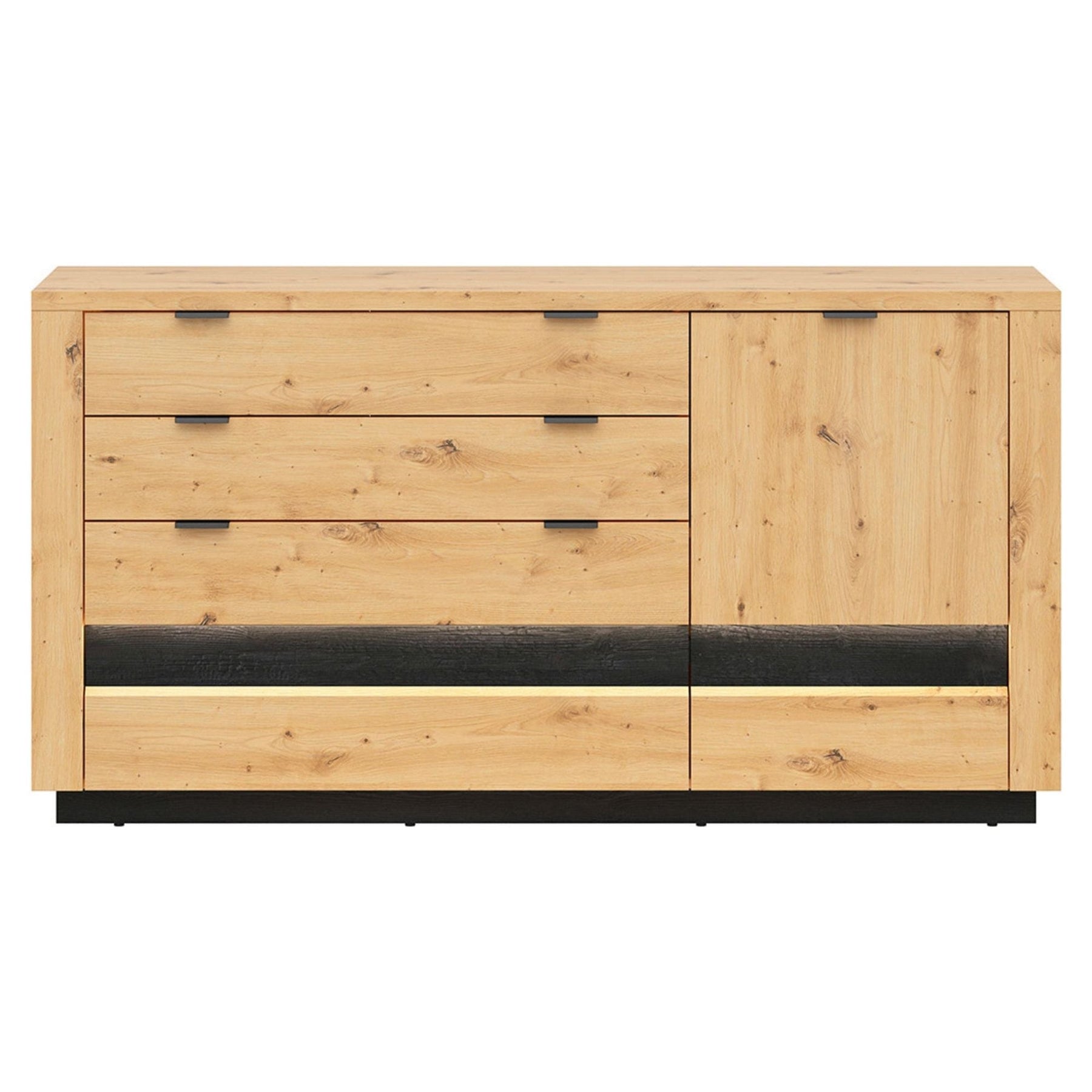 Comoda OSTIA, stejar artizanal/negru, PAL, cu iluminare LED, 161x42x85 cm