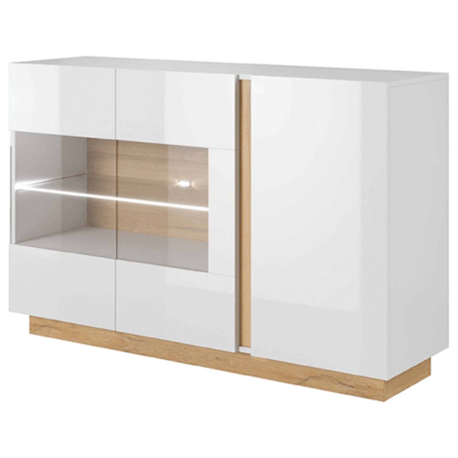 Comoda CITY, stejar grandson/alb lucios, PAL laminat/sticlă, cu iluminare LED, 138,2x90,5x40 cm