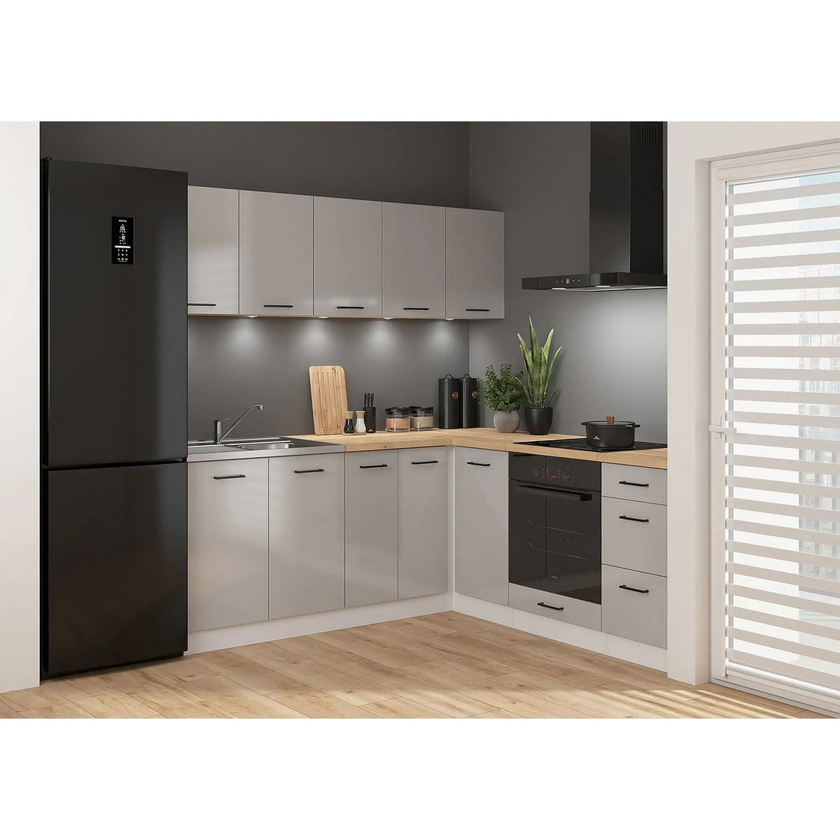 Set bucatarie JUNONA LINE, gri deschis/alb, PAL, 200x200 cm, cu blat stejar artisan