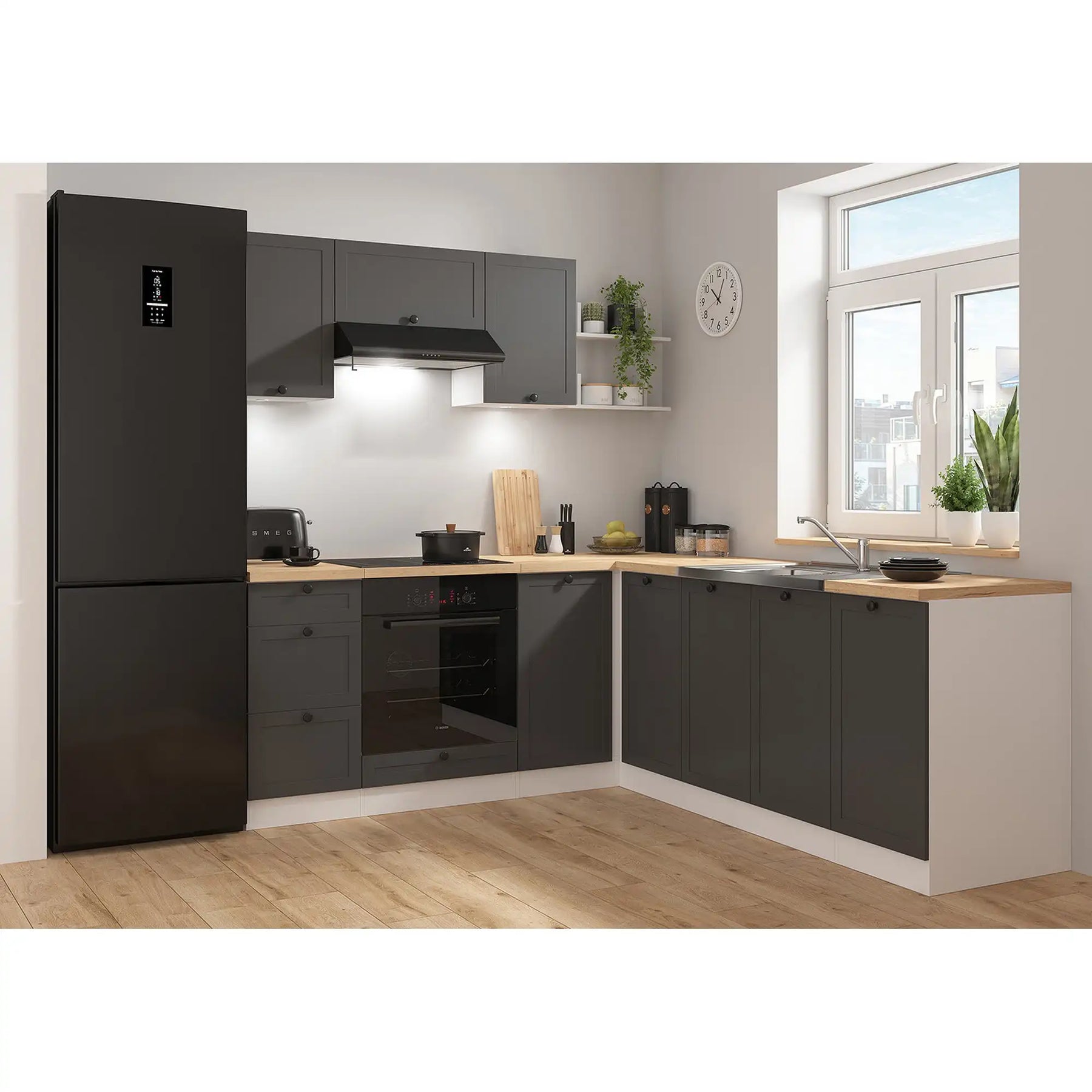 Set bucatarie JUNONA LINE, gri grafit/alb, PAL, 200x220 cm, cu blat stejar artisan