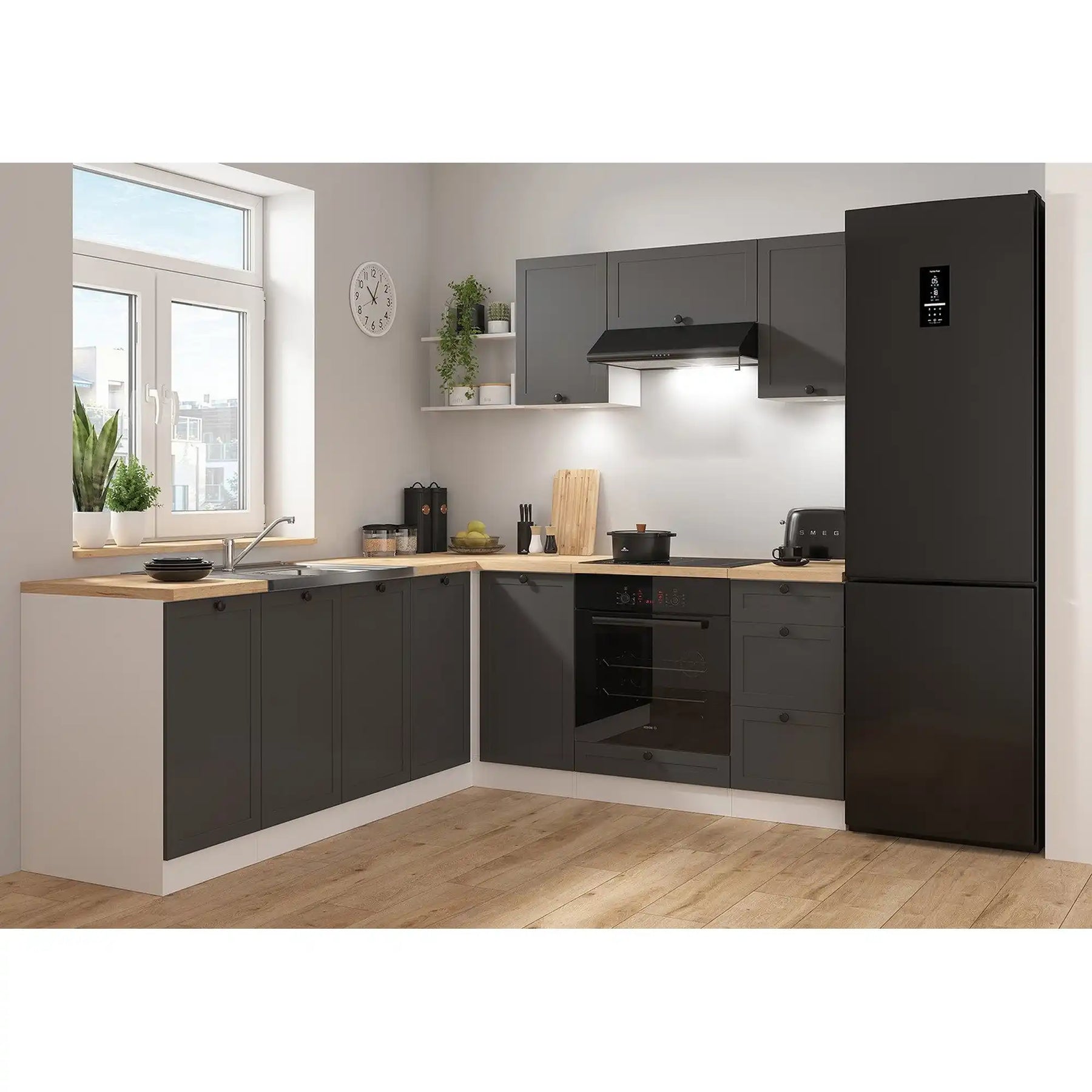 Set bucatarie JUNONA LINE, gri grafit/alb, PAL, 200x220 cm, cu blat stejar artisan