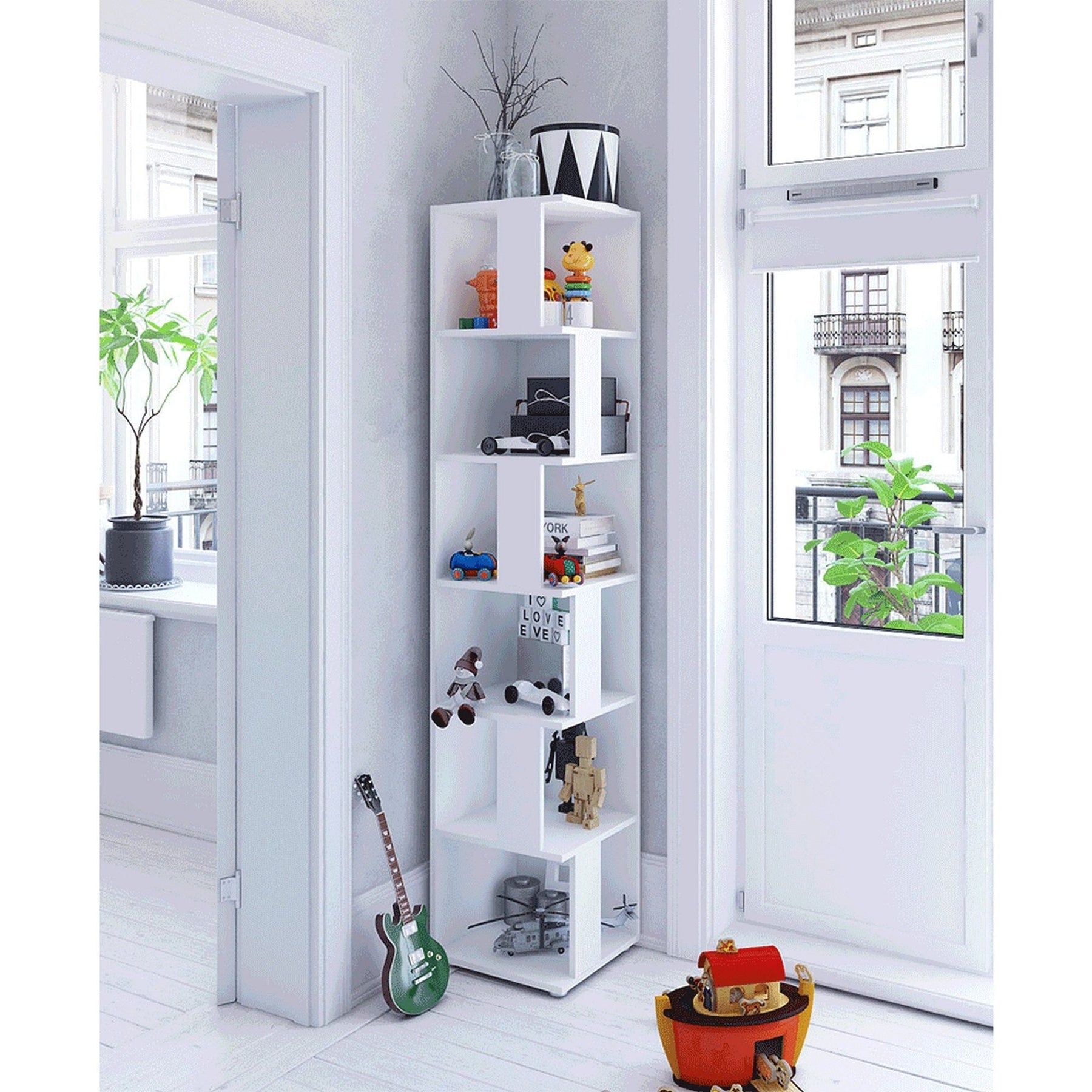Biblioteca de colt KORIND, alb, PAL laminat, 38x38x186,2 cm