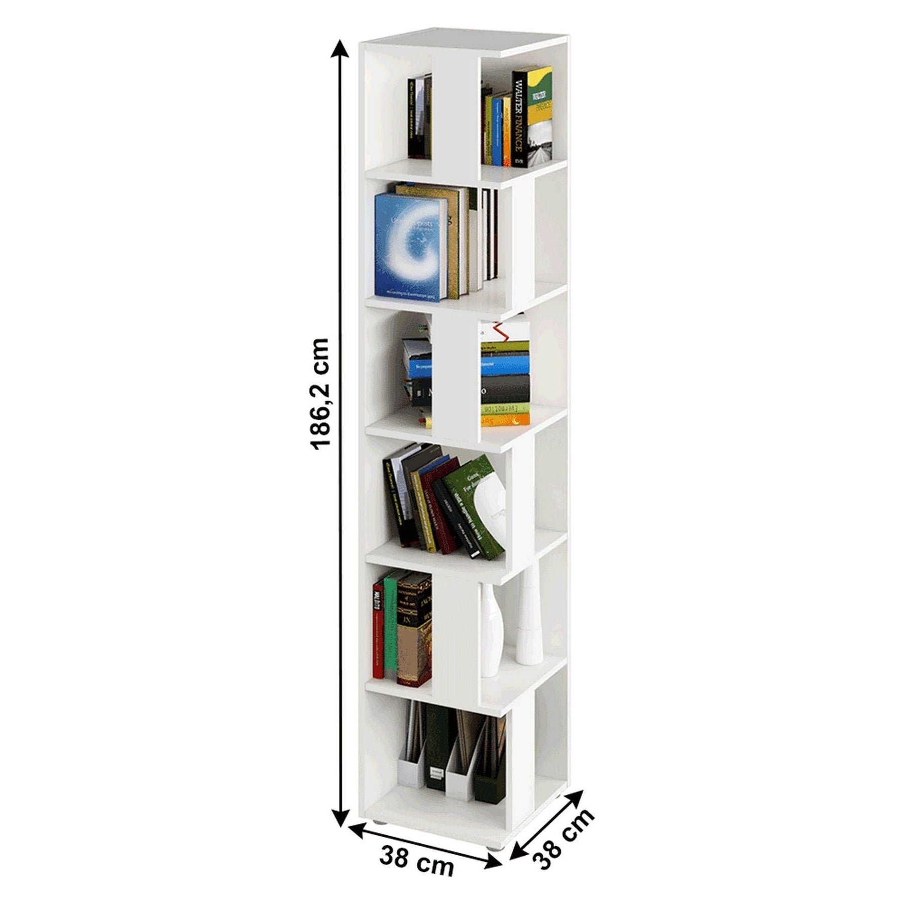Biblioteca de colt KORIND, alb, PAL laminat, 38x38x186,2 cm