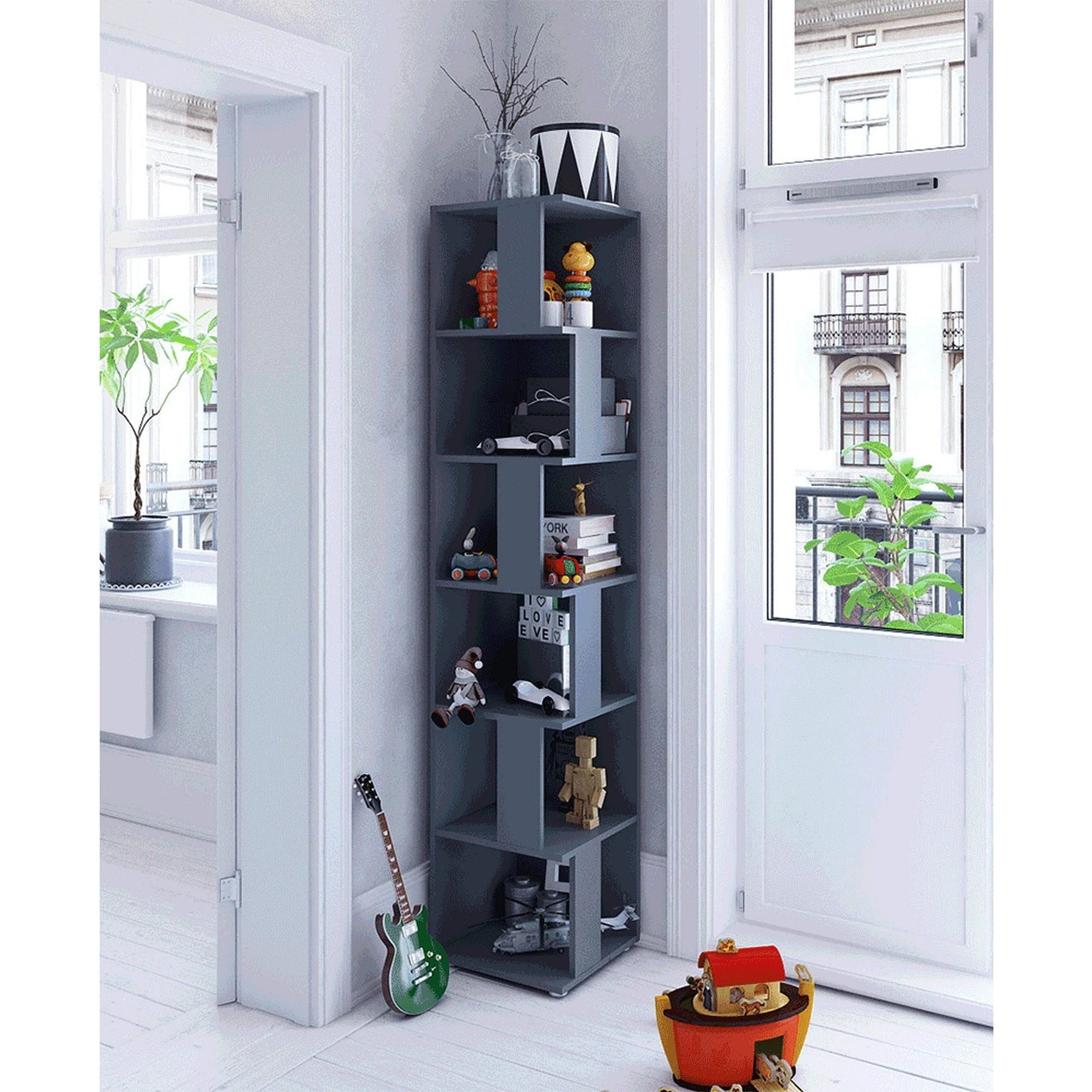Biblioteca de colt KORIND, gri grafit, PAL laminat, 38x38x186,2 cm
