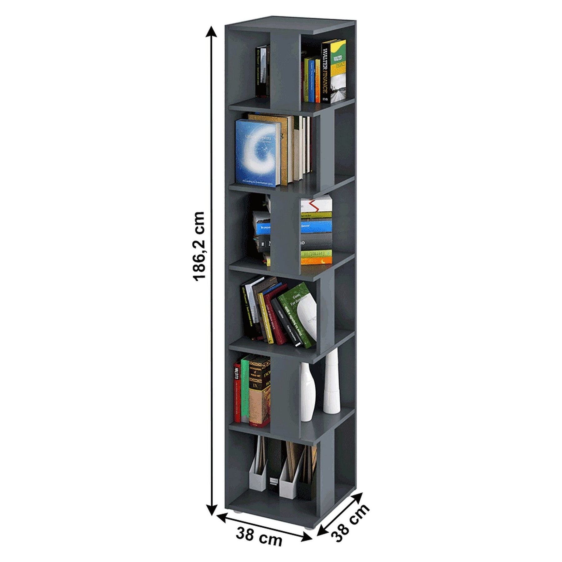Biblioteca de colt KORIND, gri grafit, PAL laminat, 38x38x186,2 cm