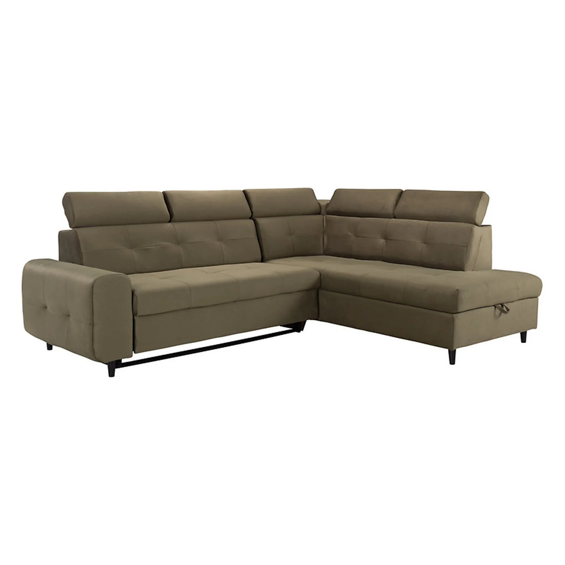 Coltar extensibil MATRAS, sezlong dreapta, stofa catifelata verde olive - Letto 38, cu lada depozitare, 263x205x98 cm