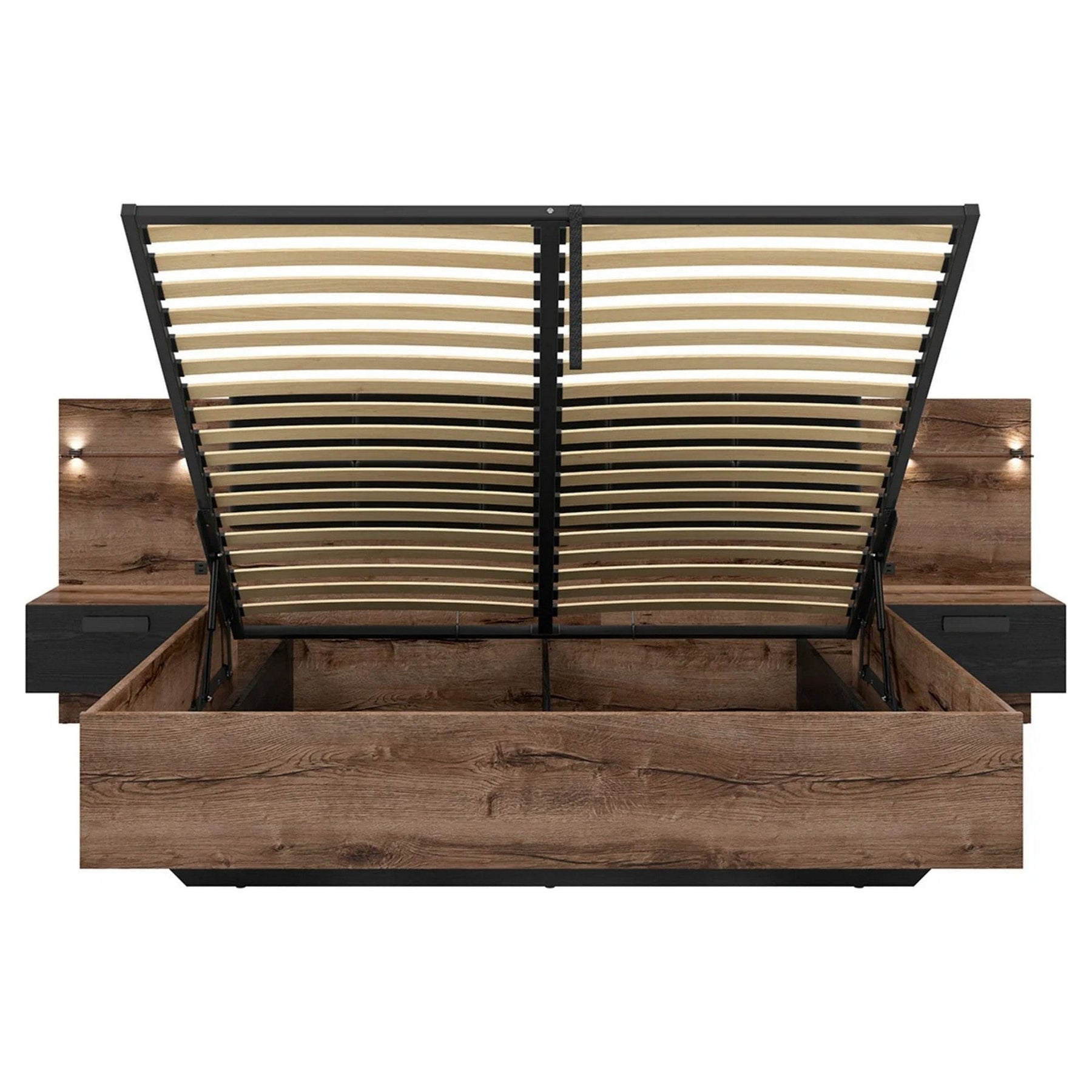 Pat KASSEL, nuc/negru, PAL/piele ecologica, cu somiera rabatabila, spatiu pentru depozitare si iluminare LED, 285x206x98.5 cm