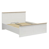 Pat LOKSA 180x200, pin alb/stejar grandson, PAL, cu somiera si spatiu depozitare