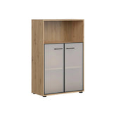 Vitrina SPACE OFFICE, stejar artisan/negru fumuriu, PAL laminat/sticla, cu 2 usi, 80x38x122 cm