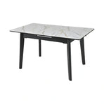 Masa extensibila OSTEN, MDF/lemn de cauciuc, alb mat cu efect de marmura auriu/negru mat, 140-180×80×76 cm
