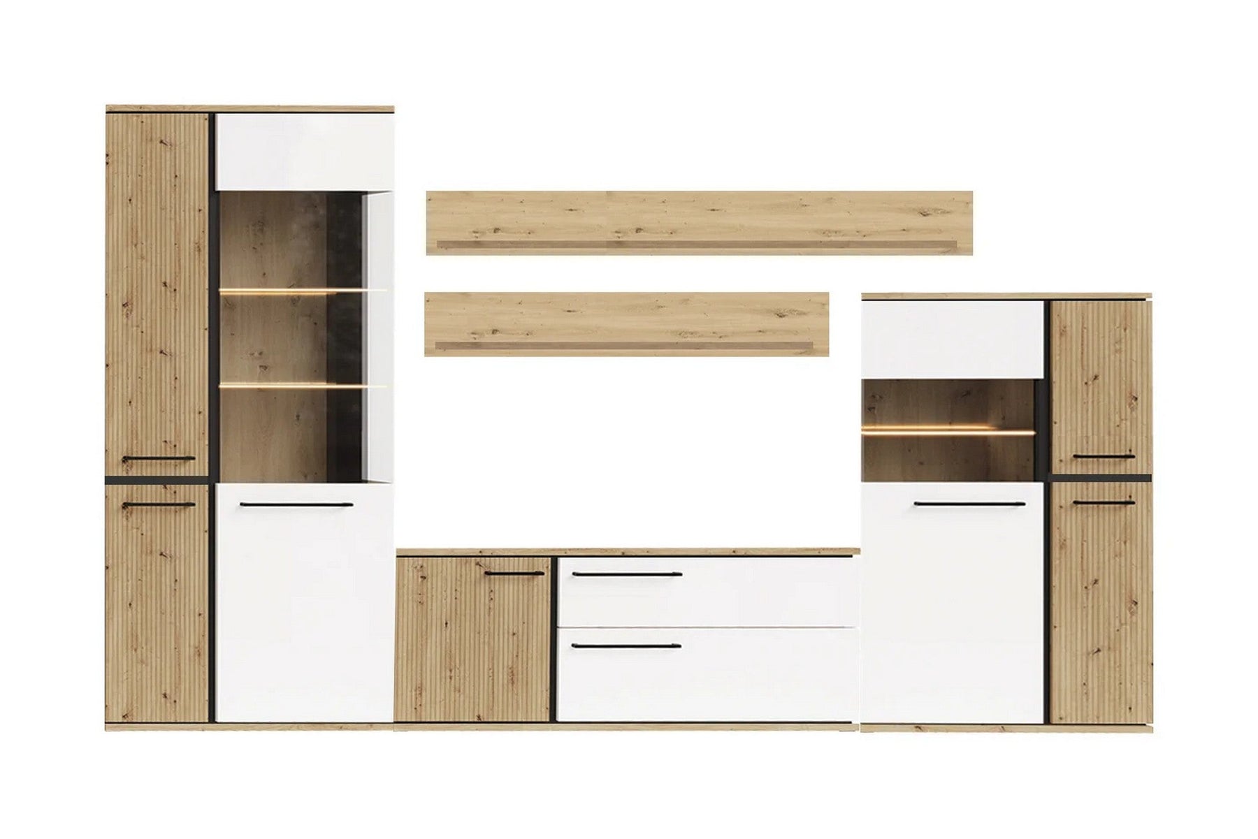 Set living MOLTO A, stejar artisan/alb lucios, PAL/sticla, cu iluminare LED, 336 cm