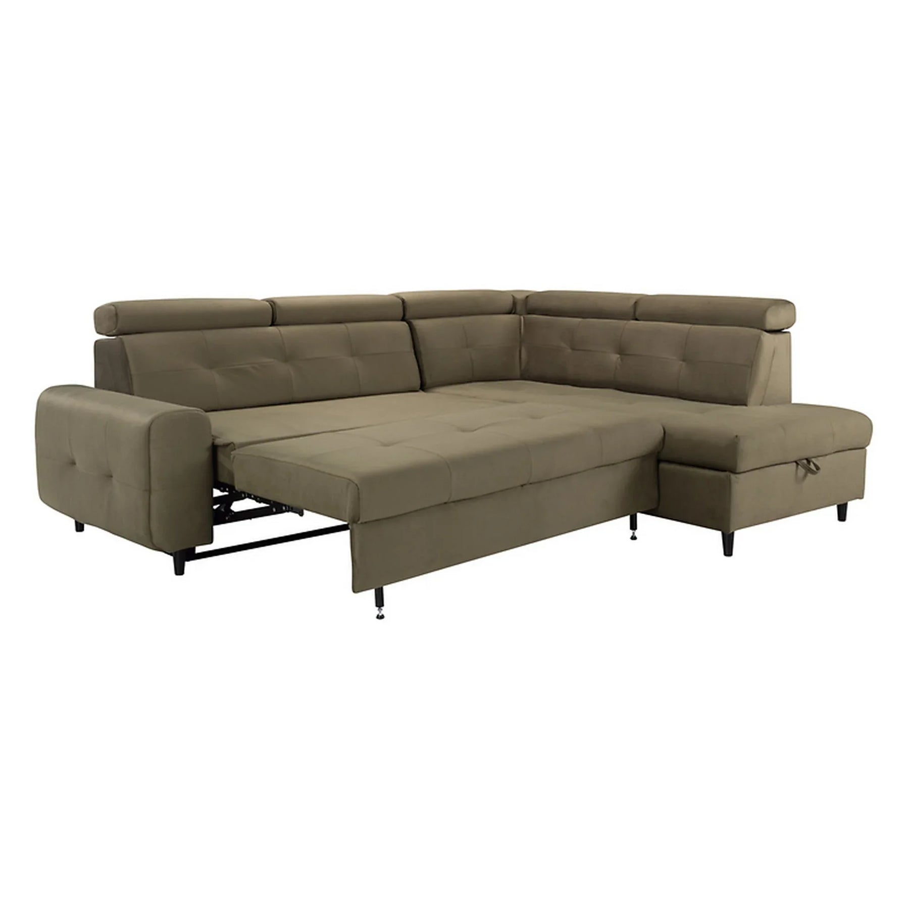 Coltar extensibil MATRAS, sezlong dreapta, stofa catifelata verde olive - Letto 38, cu lada depozitare, 263x205x98 cm