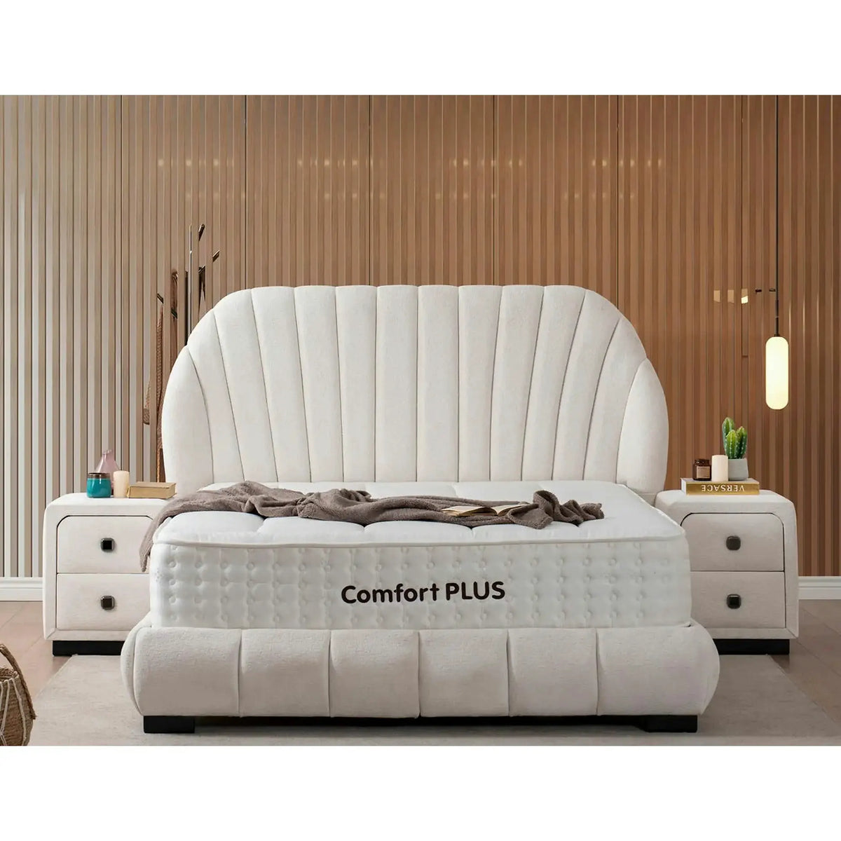 Pat COMFORT PLUS 160x200, stofa crem - Troya 01, cu somiera si spatiu depozitare