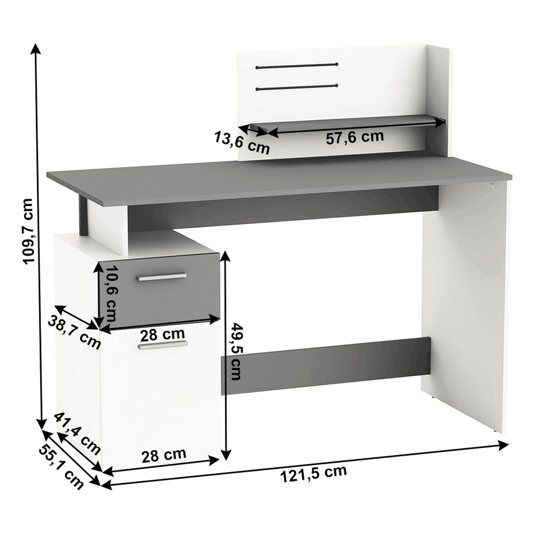 Birou PLATON, alb/gri inchis, DTD infoliat, 121.5x55.1x109.7 cm