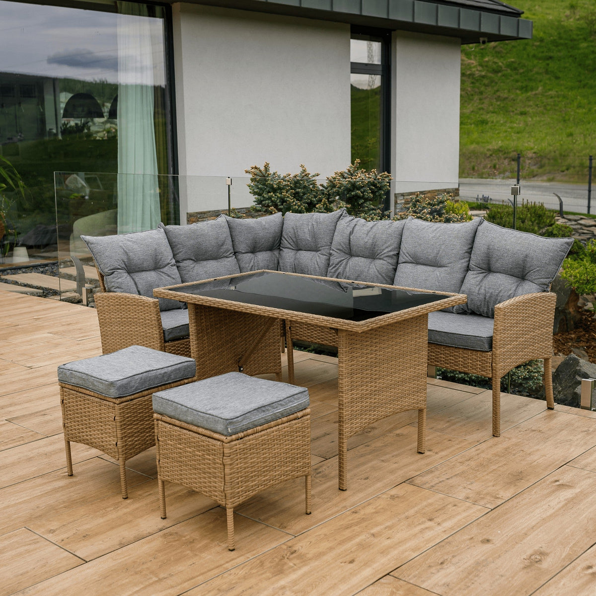 Set mobiler gradina RANDI, maro/gri deschis, ratan sintetic/metal/sticla temperata