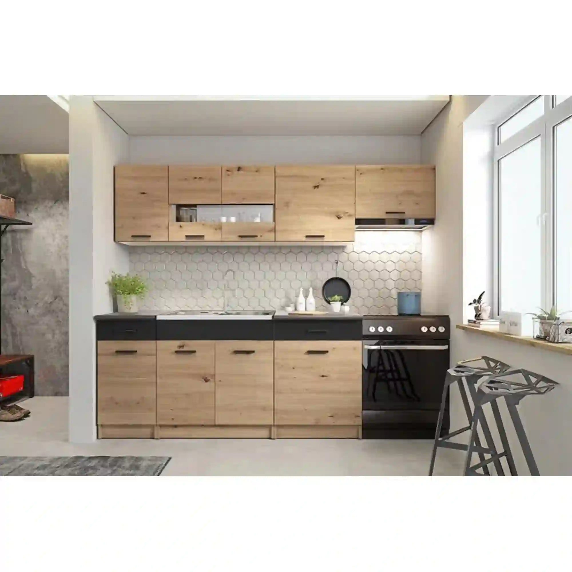 Set bucatarie HOUSTON OCN-38207, stejar artisan/negru mat/gri inchis